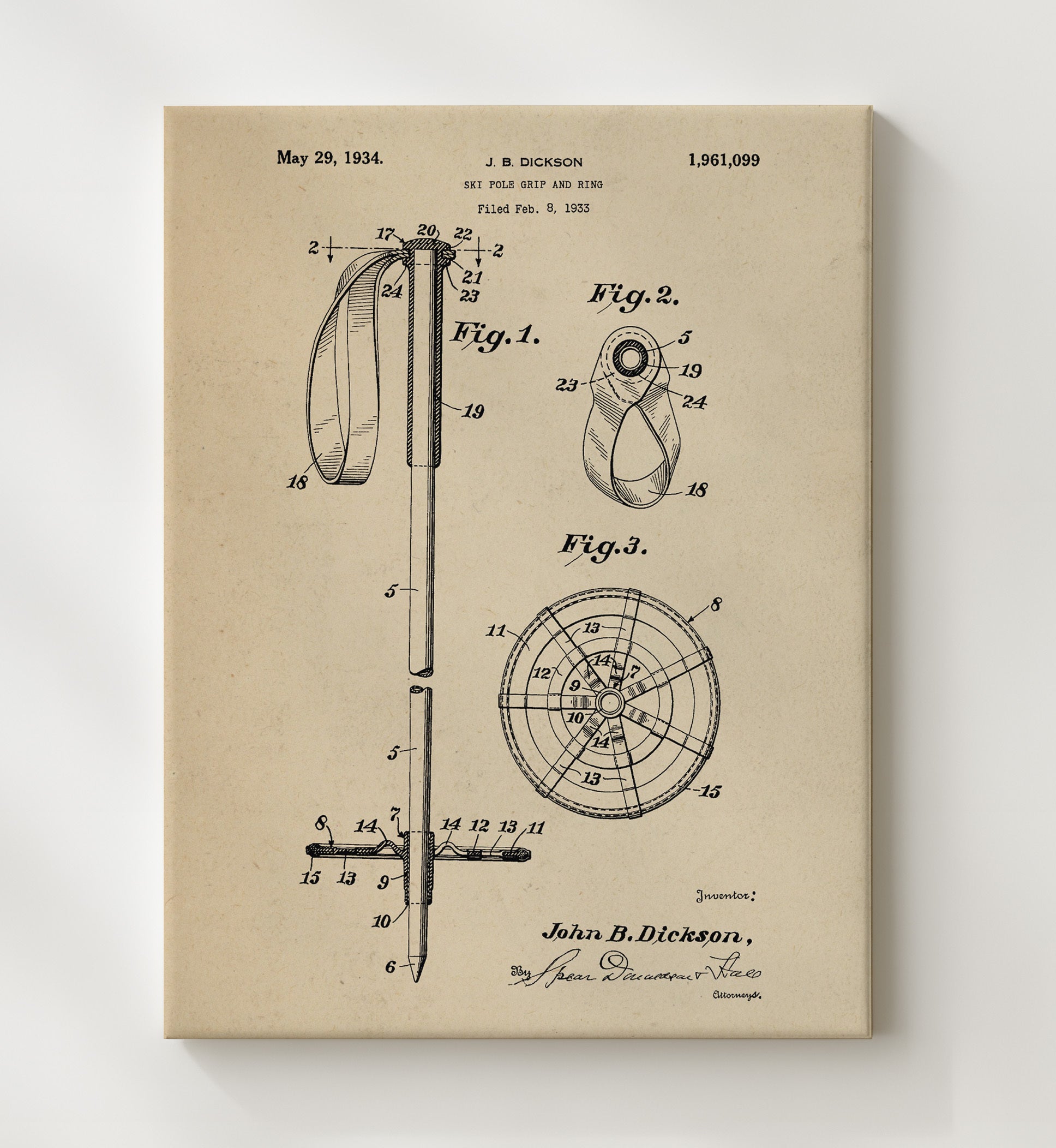 Patent Print - Ski Pole Grip And Ring - J B Dickson - 1934 - Patent 1961099 Patent Wall Art