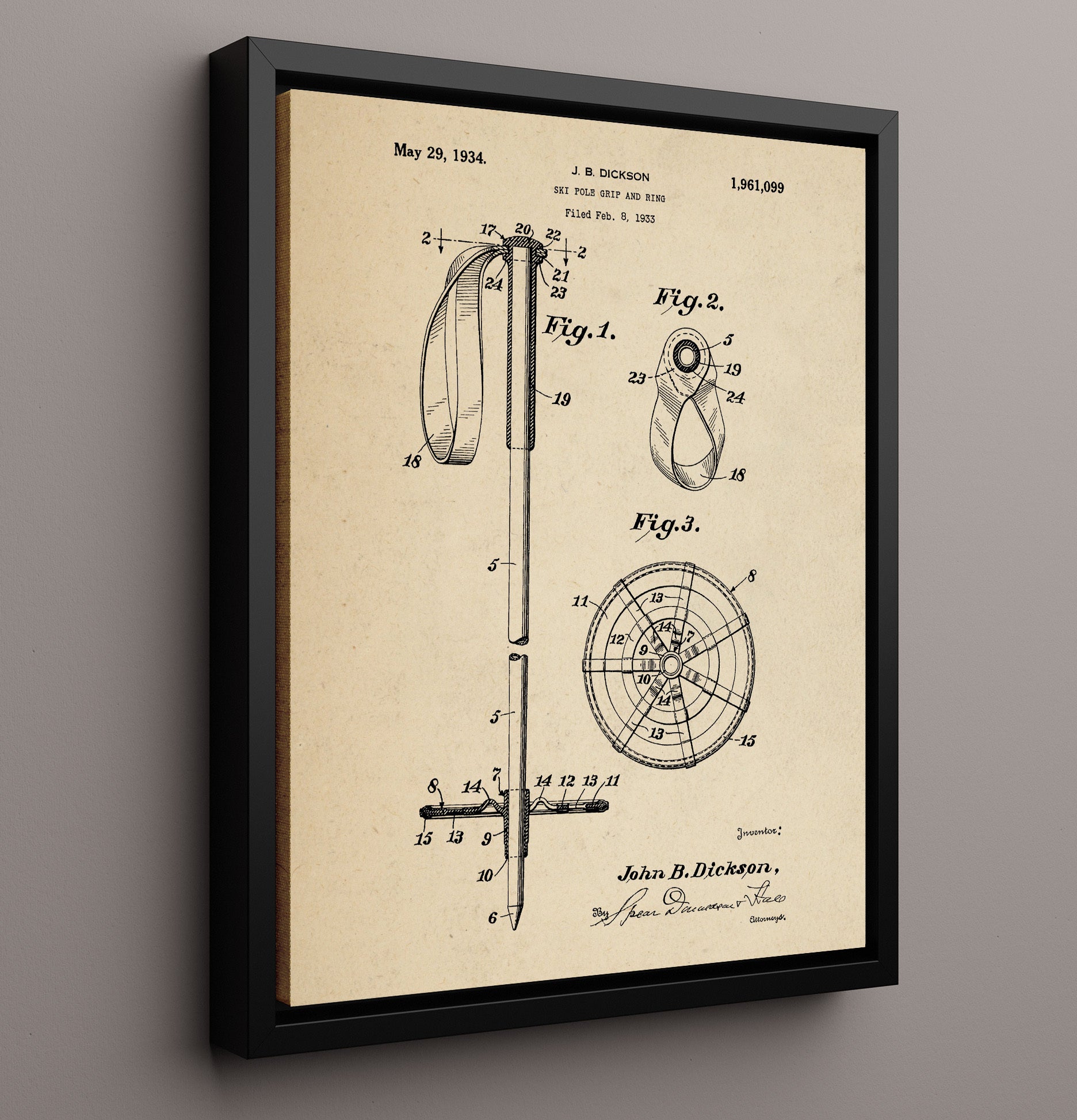 Patent Print - Ski Pole Grip And Ring - J B Dickson - 1934 - Patent 1961099 Patent Wall Art