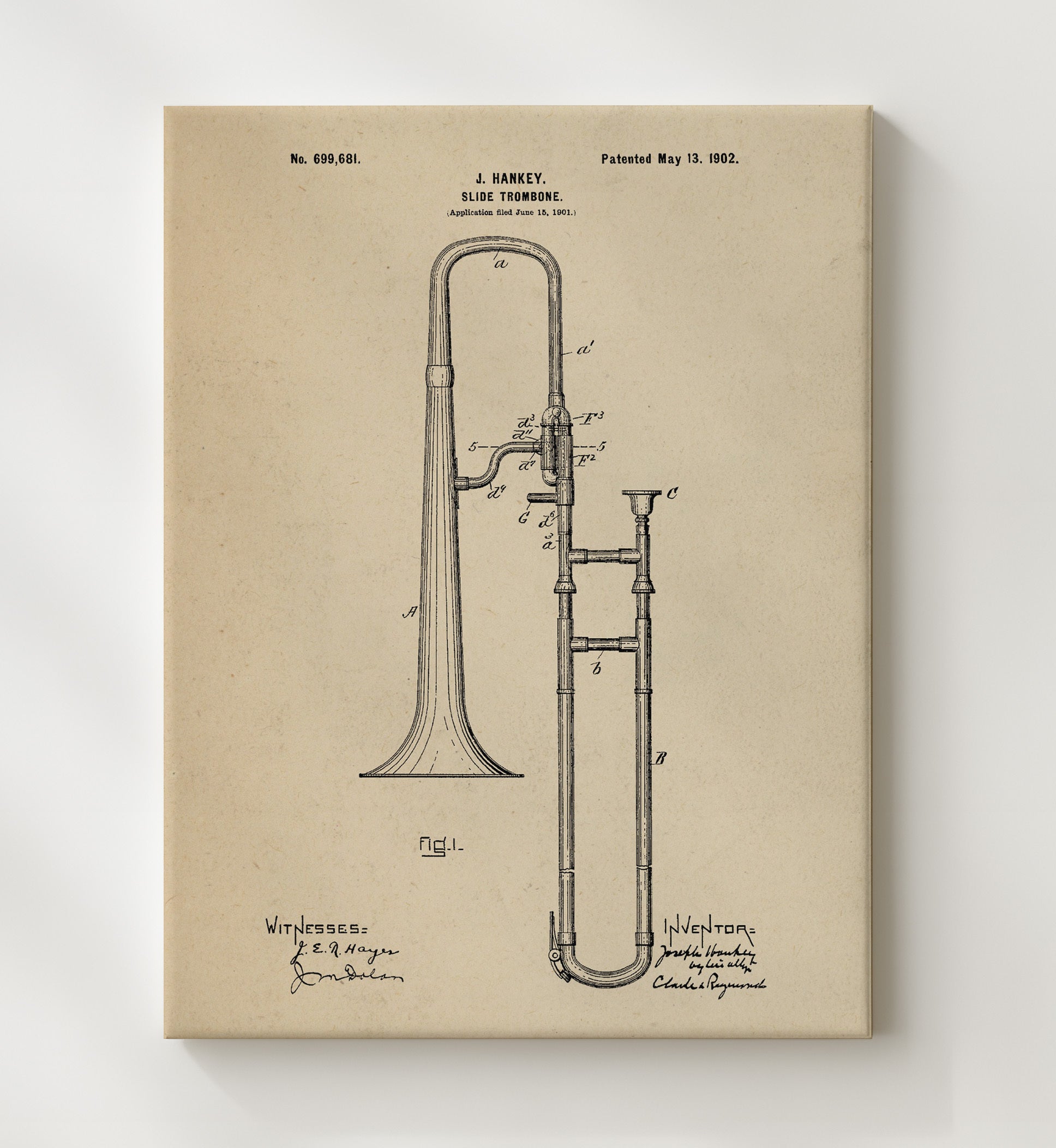 Patent Print - Slide Trombone - J. Hankey - 1902 - Patent 699681 Patent Wall Art