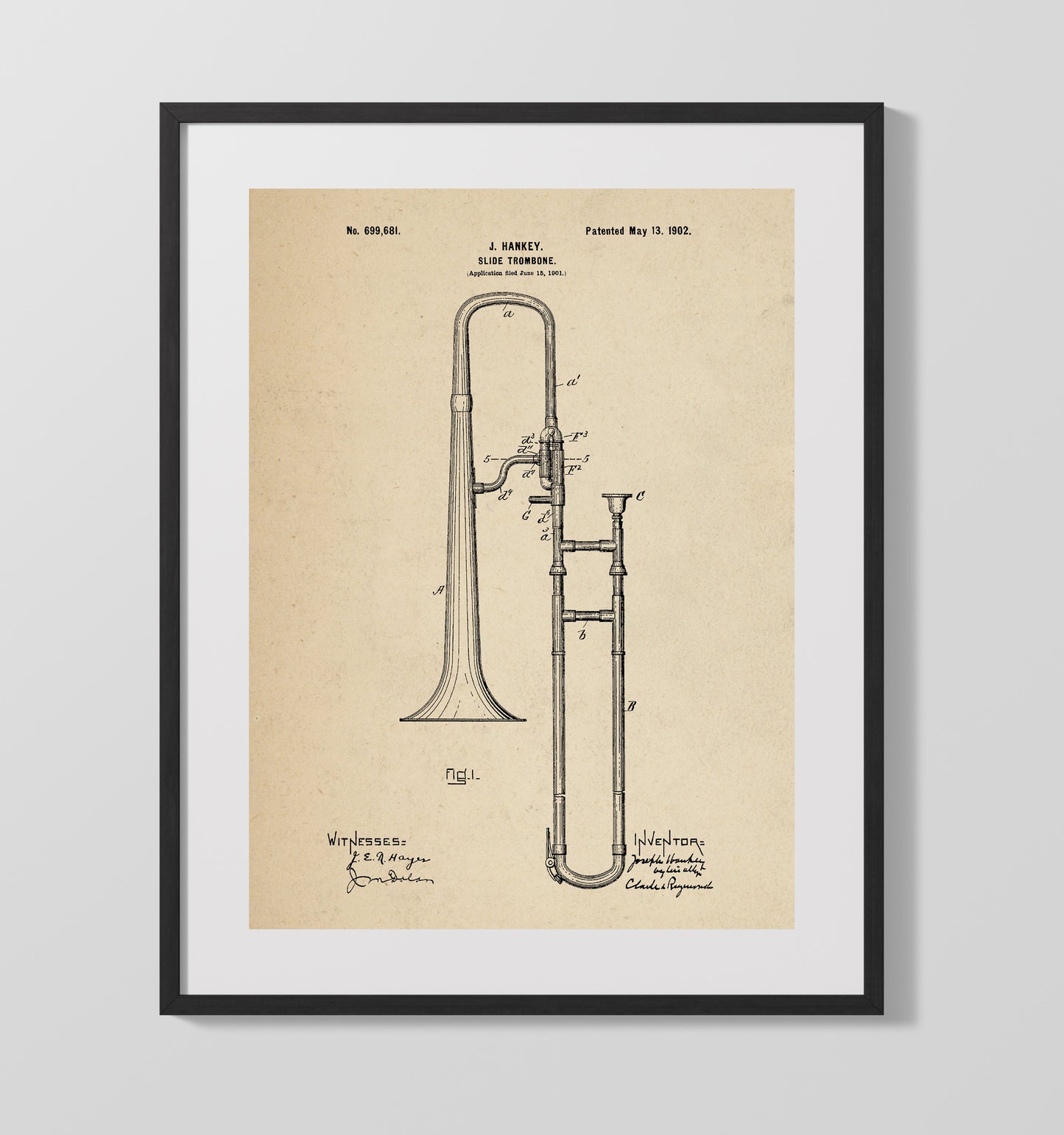 Patent Print - Slide Trombone - J. Hankey - 1902 - Patent 699681 Patent Wall Art