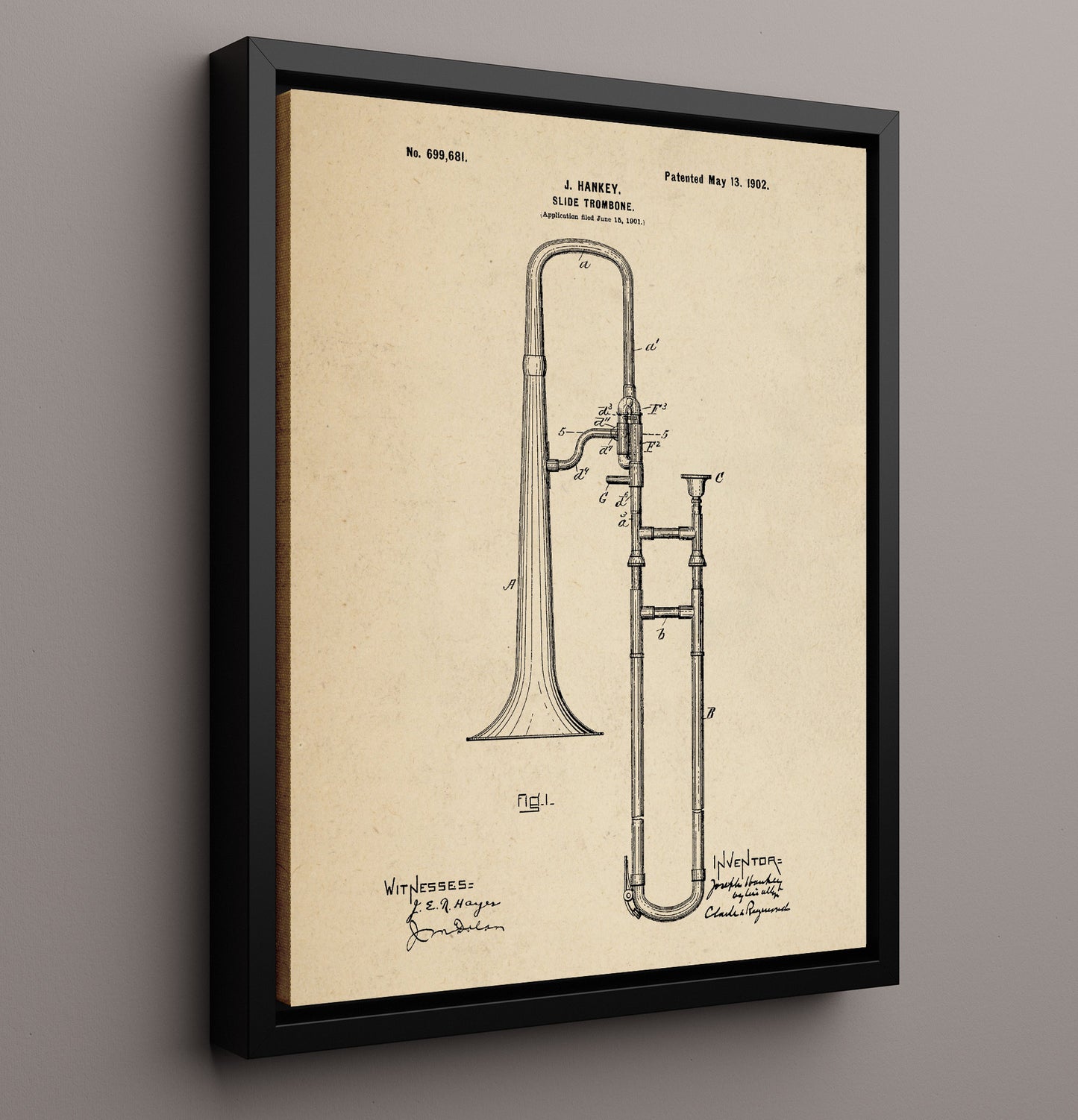 Patent Print - Slide Trombone - J. Hankey - 1902 - Patent 699681 Patent Wall Art