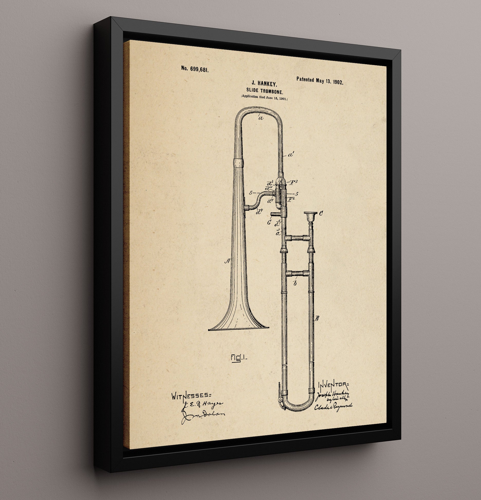 Patent Print - Slide Trombone - J. Hankey - 1902 - Patent 699681 Patent Wall Art