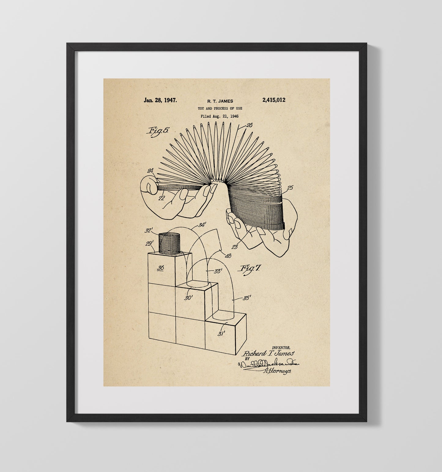 Patent Print - Slinky Demonstration Toy - Richard T James - 1947 - Patent 2415012 Patent Wall Art