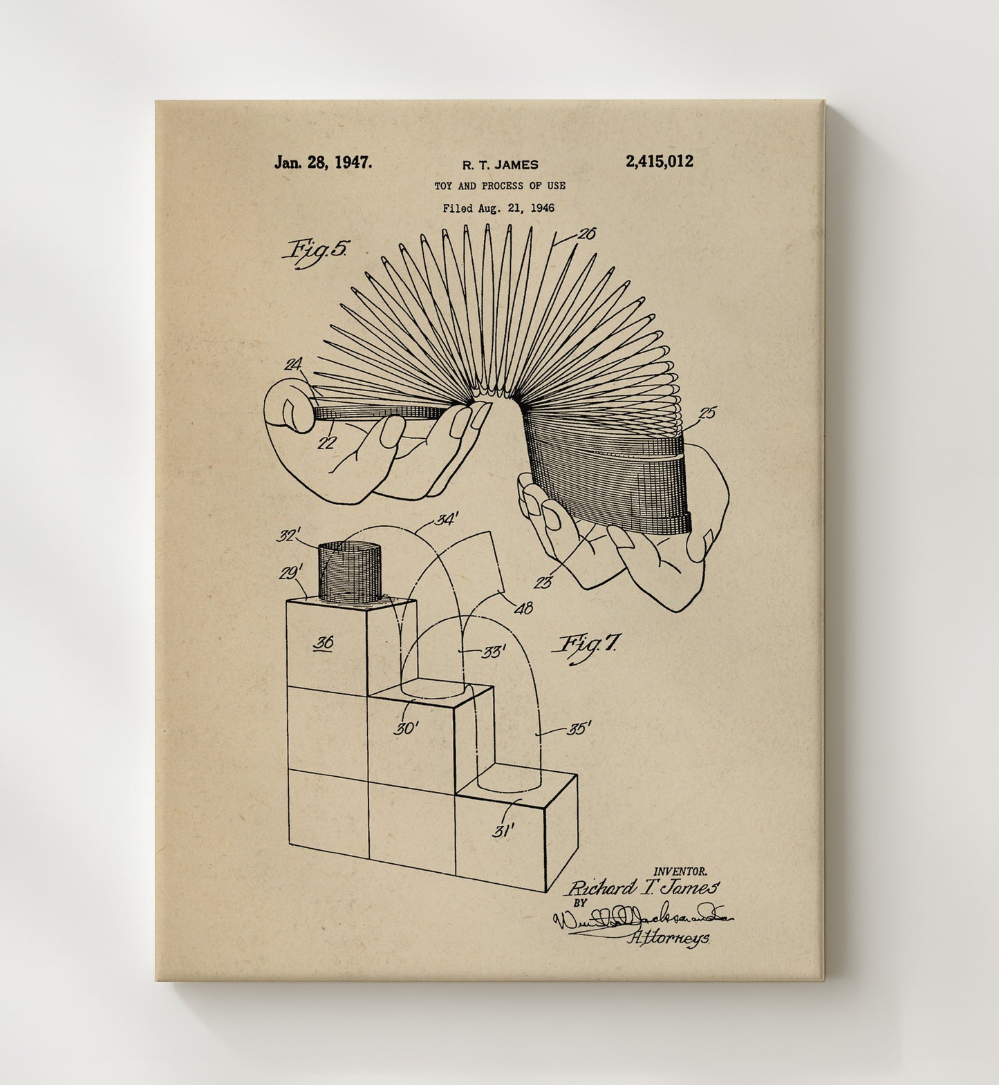 Patent Print - Slinky Demonstration Toy - Richard T James - 1947 - Patent 2415012 Patent Wall Art