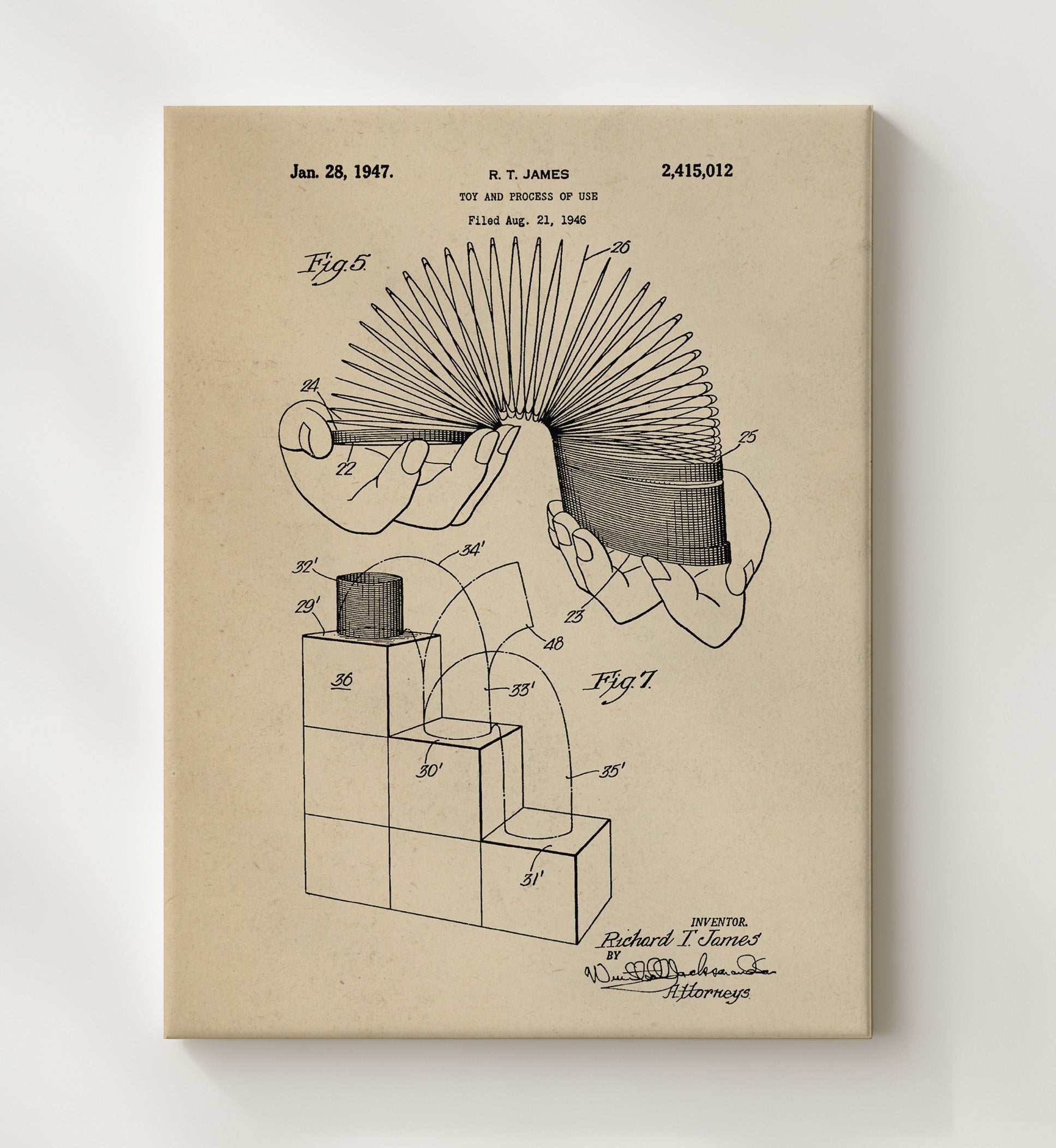 Patent Print - Slinky Demonstration Toy - Richard T James - 1947 - Patent 2415012 Patent Wall Art