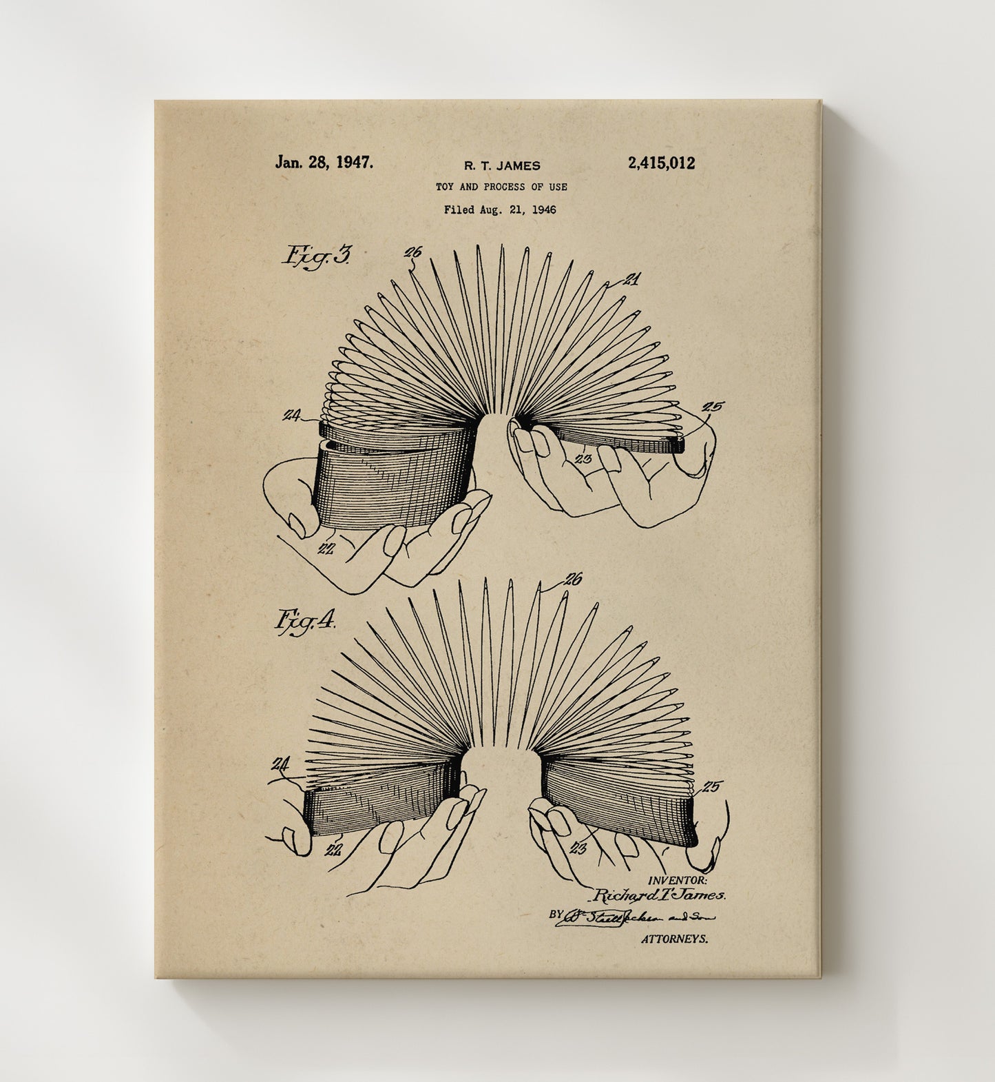 Patent Print - Slinky Toy - Richard T James - 1947 - Patent 2415012 Patent Wall Art