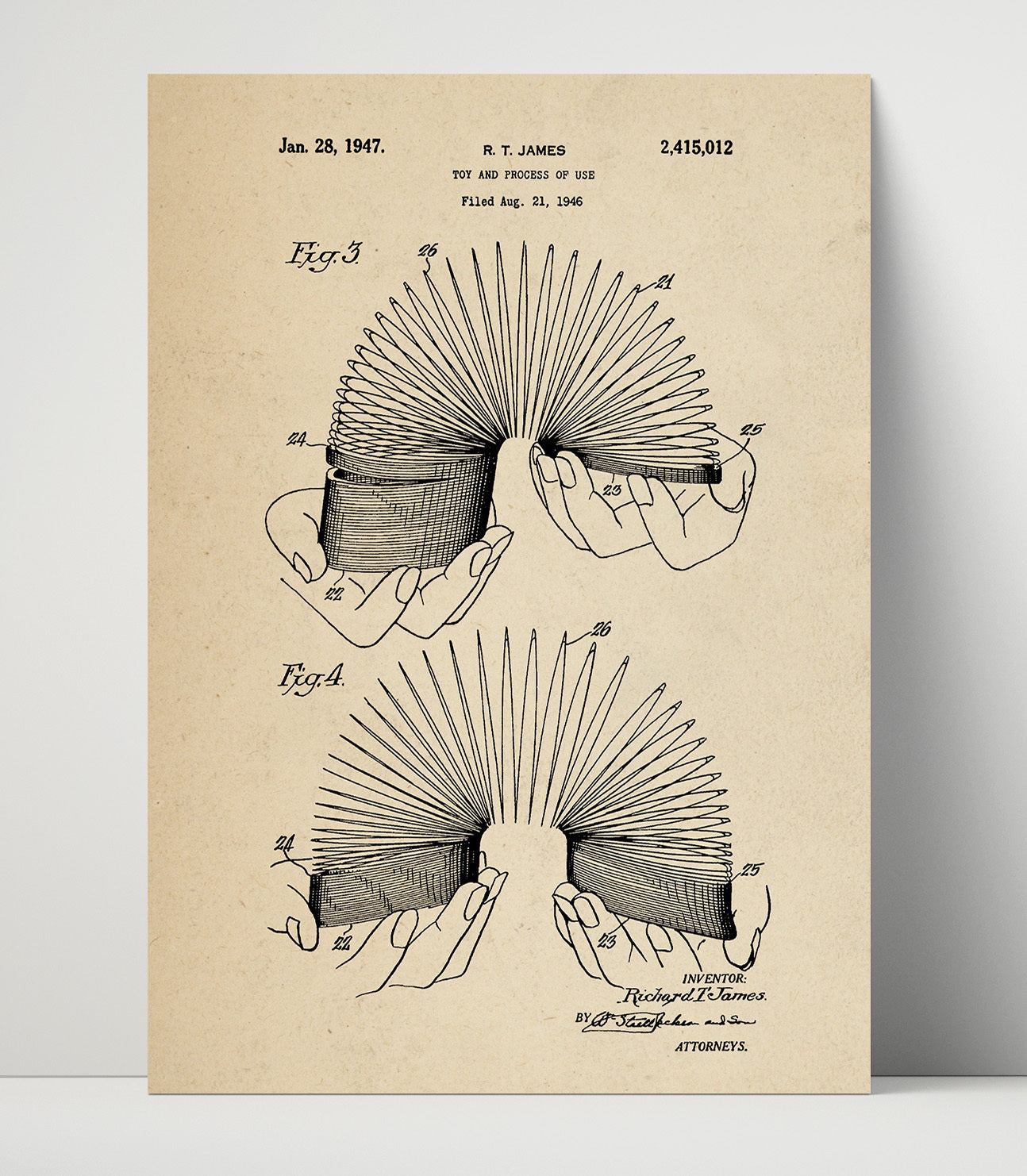 Patent Print - Slinky Toy - Richard T James - 1947 - Patent 2415012 Patent Wall Art
