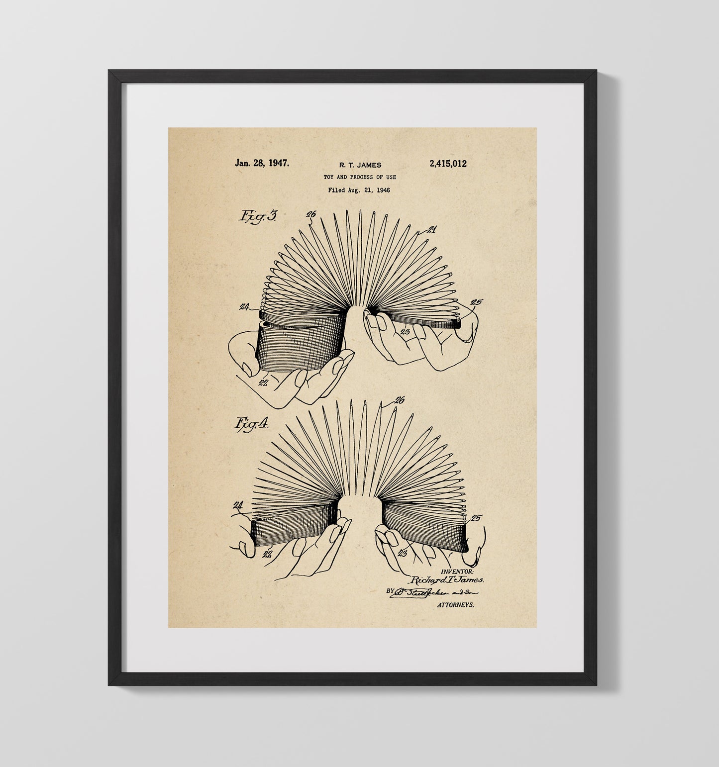 Patent Print - Slinky Toy - Richard T James - 1947 - Patent 2415012 Patent Wall Art