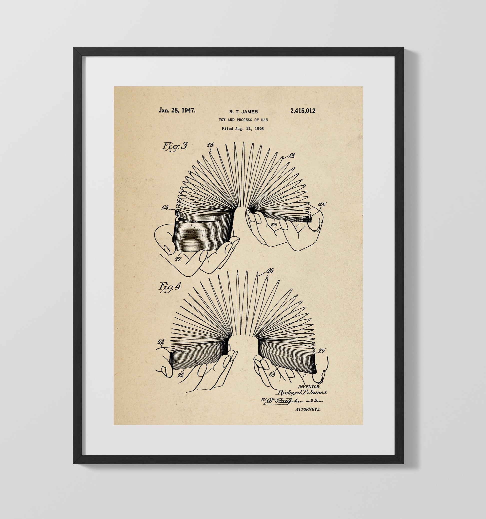 Patent Print - Slinky Toy - Richard T James - 1947 - Patent 2415012 Patent Wall Art