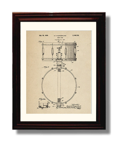 Patent Print - Snare Drum - H. H. Slingerland - 1939 - Patent 2166733 Patent Wall Art