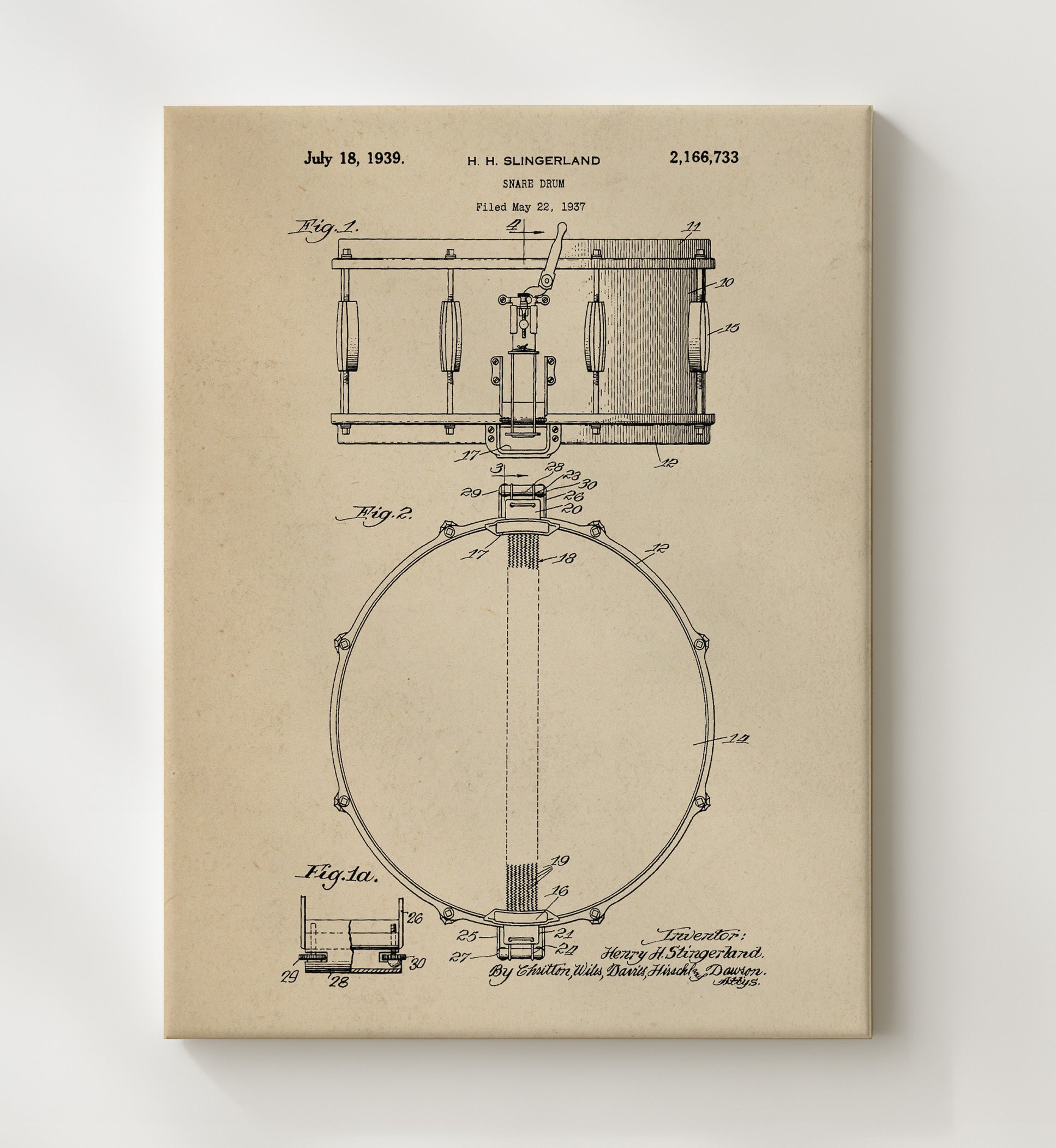 Patent Print - Snare Drum - H. H. Slingerland - 1939 - Patent 2166733 Patent Wall Art