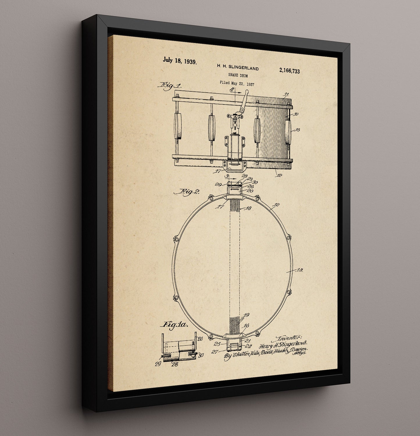 Patent Print - Snare Drum - H. H. Slingerland - 1939 - Patent 2166733 Patent Wall Art