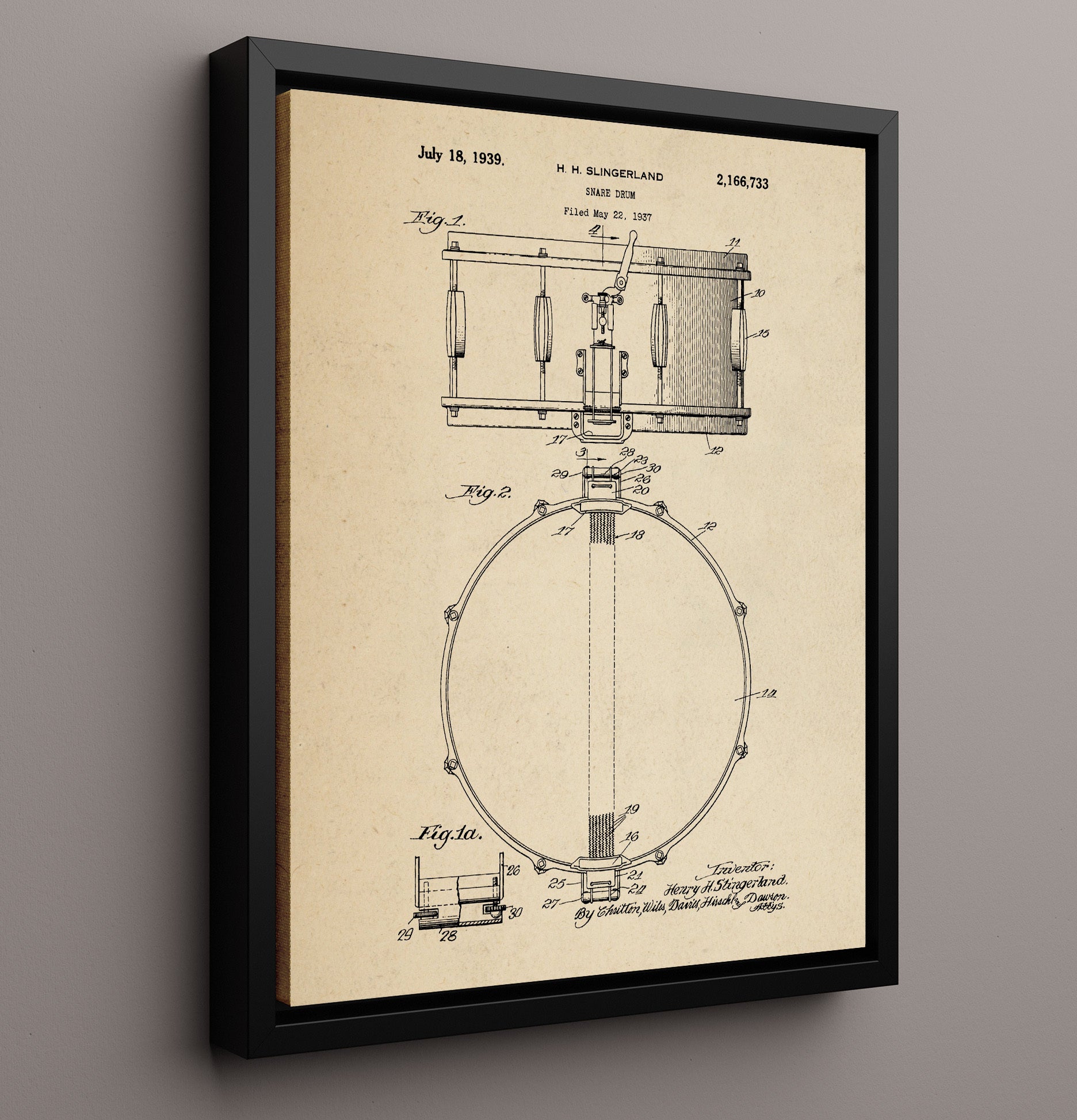 Patent Print - Snare Drum - H. H. Slingerland - 1939 - Patent 2166733 Patent Wall Art