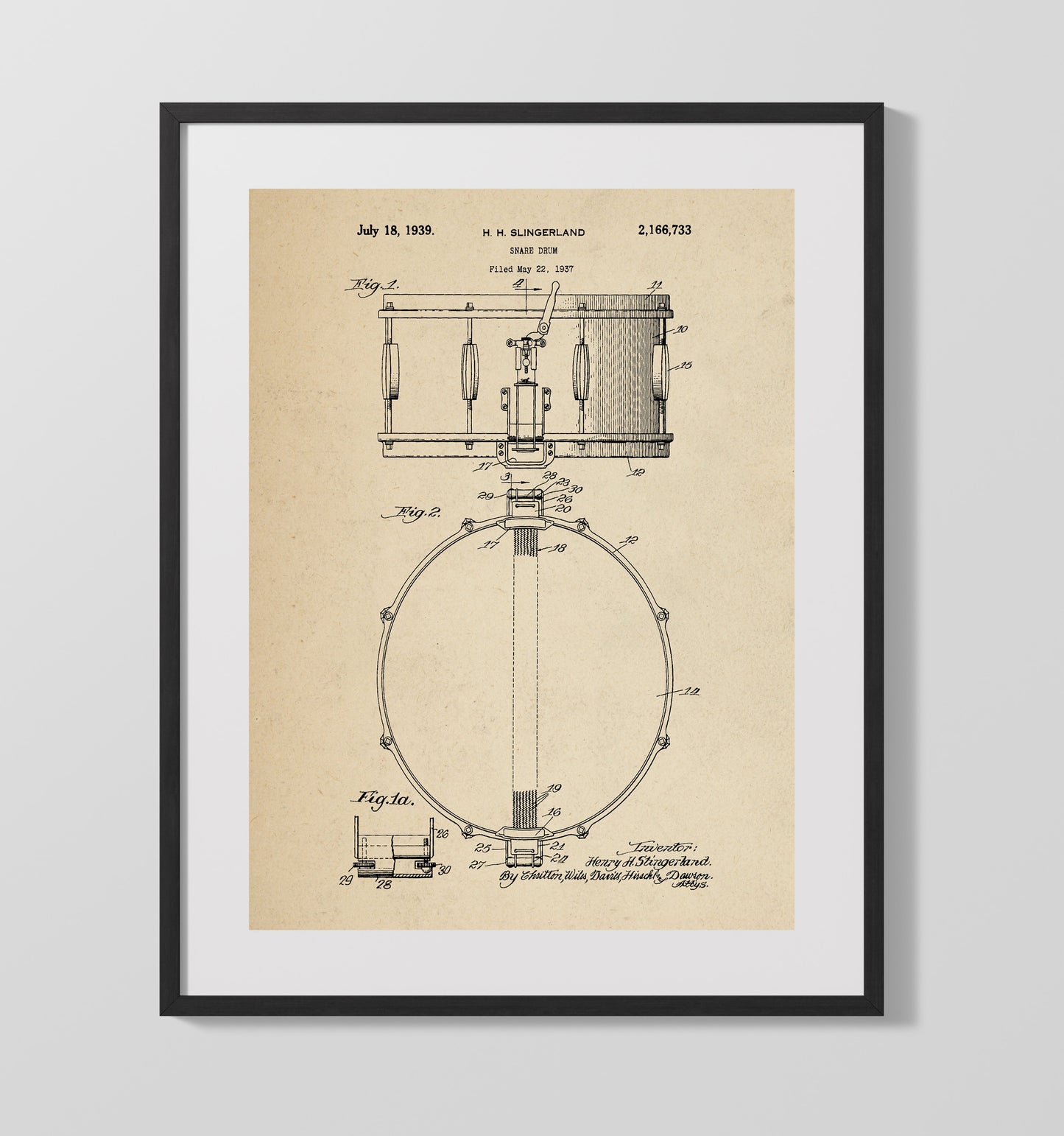 Patent Print - Snare Drum - H. H. Slingerland - 1939 - Patent 2166733 Patent Wall Art
