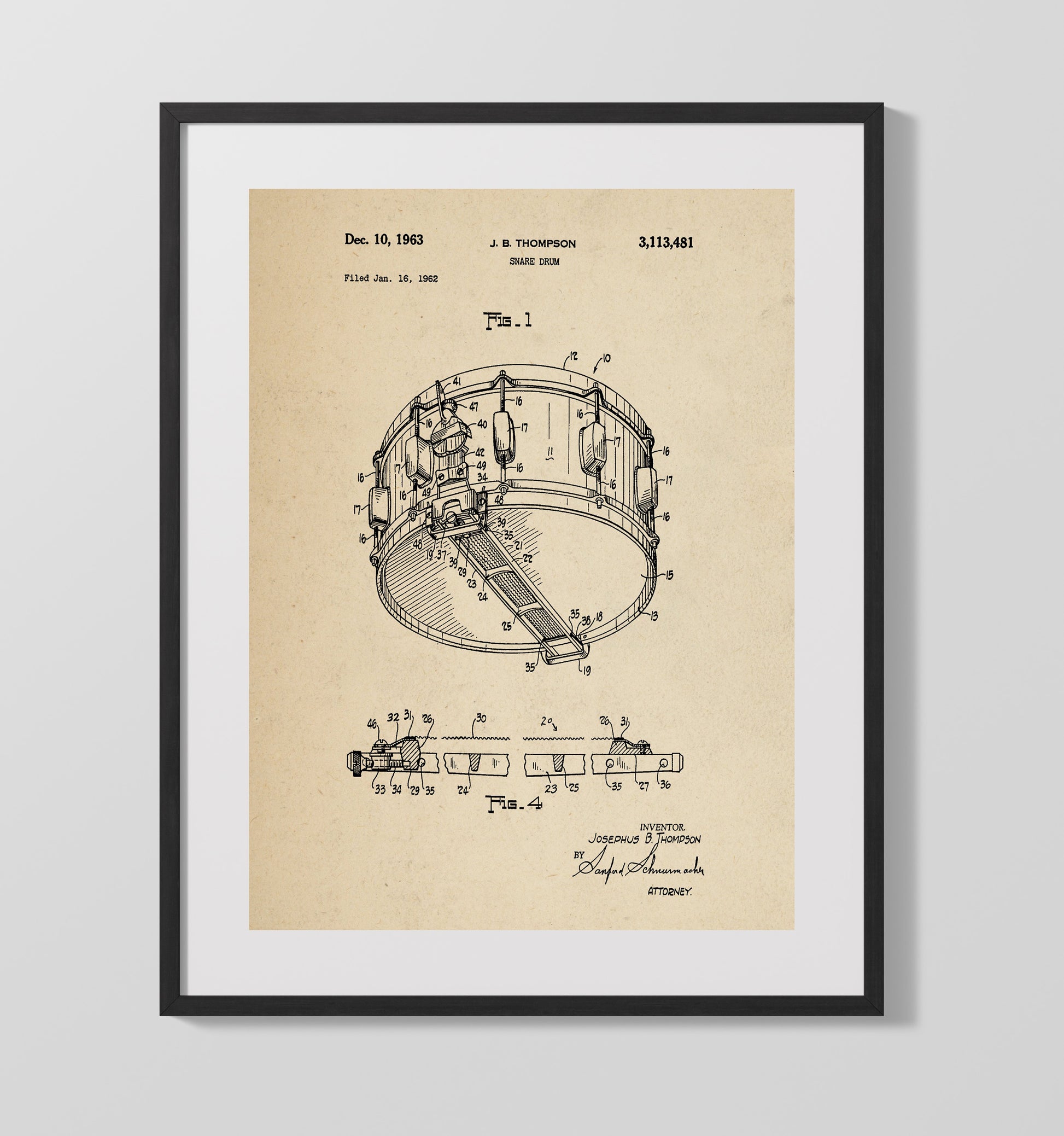 Patent Print - Snare Drum - Josephus B. Thompson - 1963 - Patent 3113481 Patent Wall Art