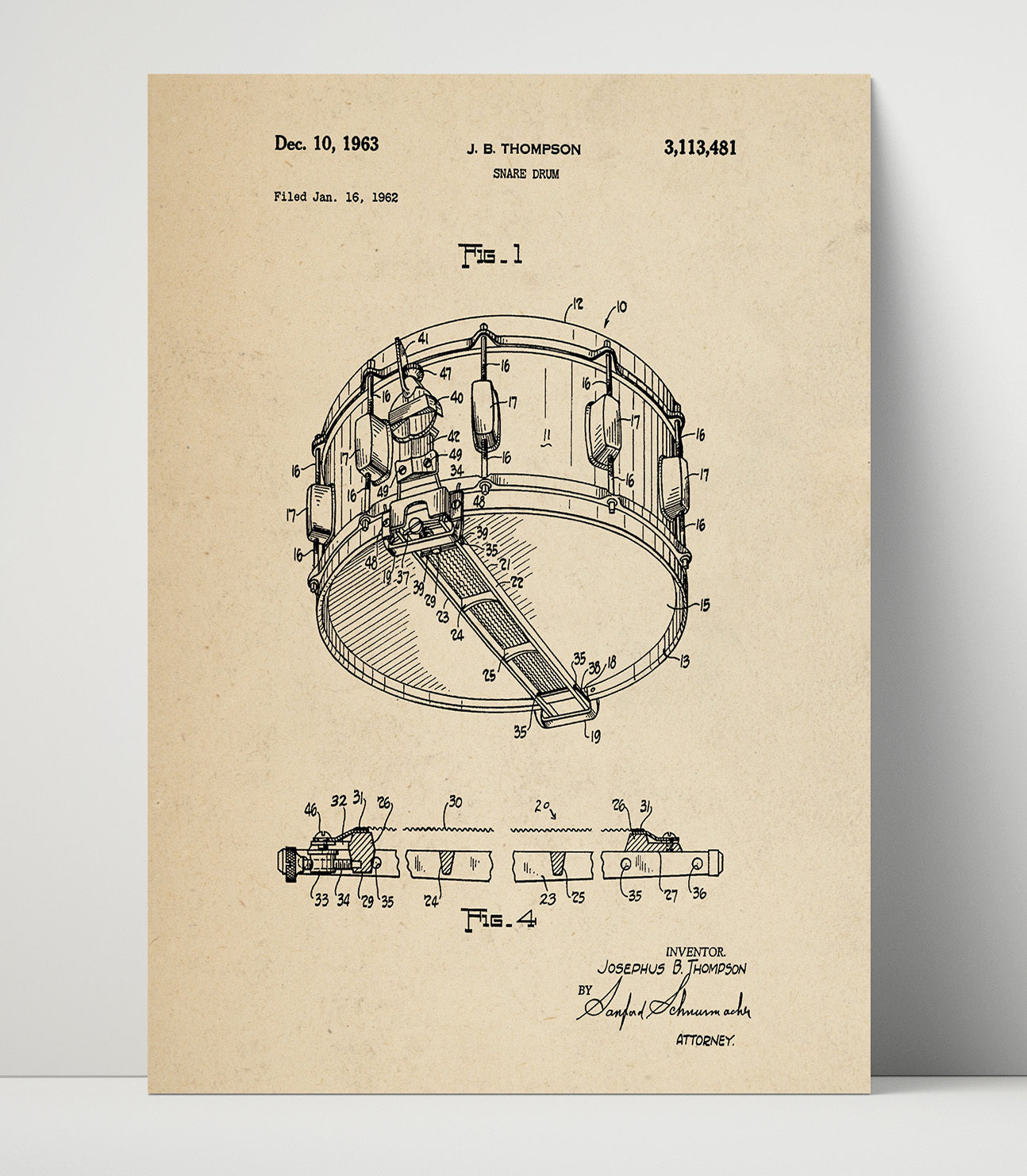 Patent Print - Snare Drum - Josephus B. Thompson - 1963 - Patent 3113481 Patent Wall Art