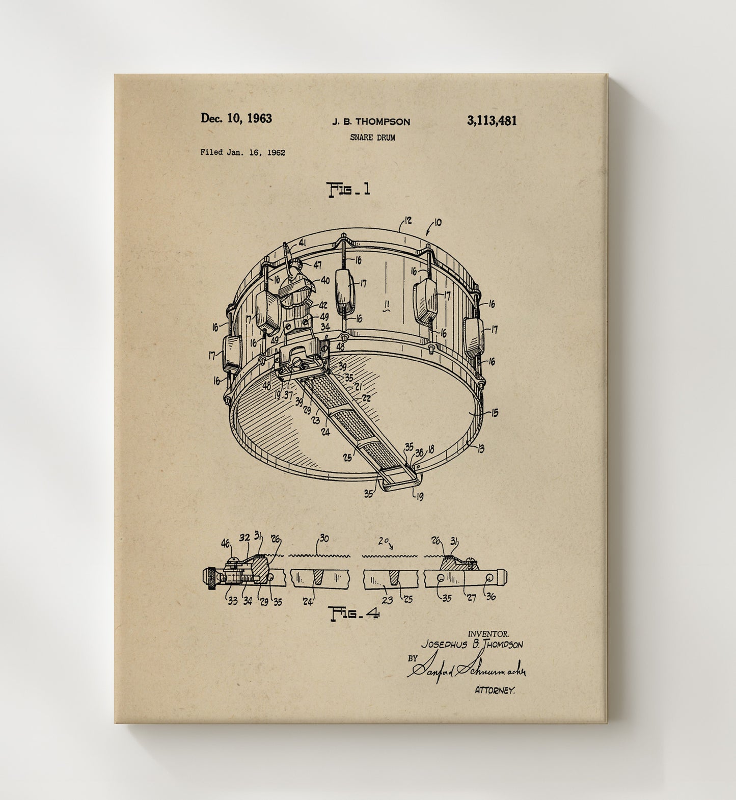 Patent Print - Snare Drum - Josephus B. Thompson - 1963 - Patent 3113481 Patent Wall Art