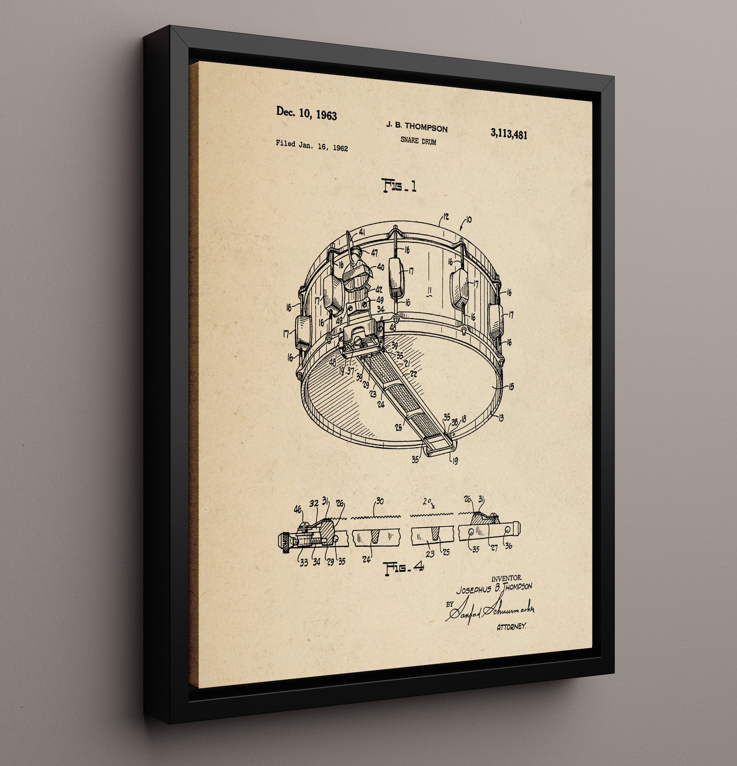 Patent Print - Snare Drum - Josephus B. Thompson - 1963 - Patent 3113481 Patent Wall Art