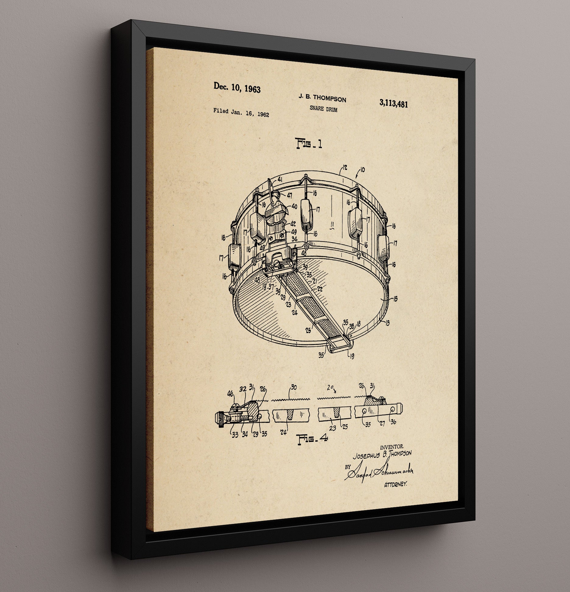 Patent Print - Snare Drum - Josephus B. Thompson - 1963 - Patent 3113481 Patent Wall Art