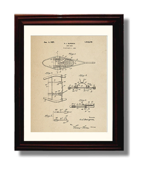 Patent Print - Snow Shoe - O J Burgess - 1927 - Patent 1613576 Patent Wall Art