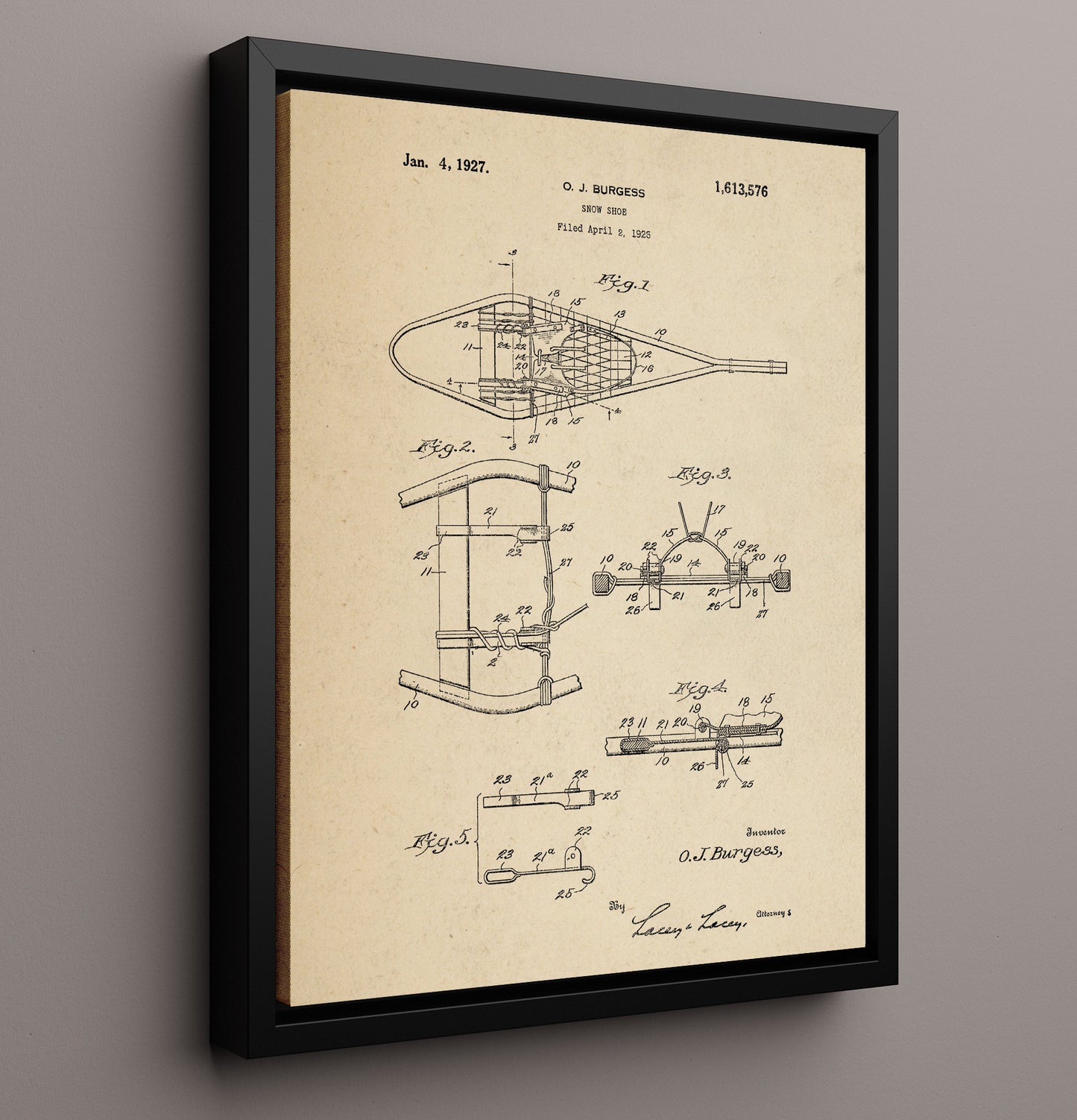 Patent Print - Snow Shoe - O J Burgess - 1927 - Patent 1613576 Patent Wall Art