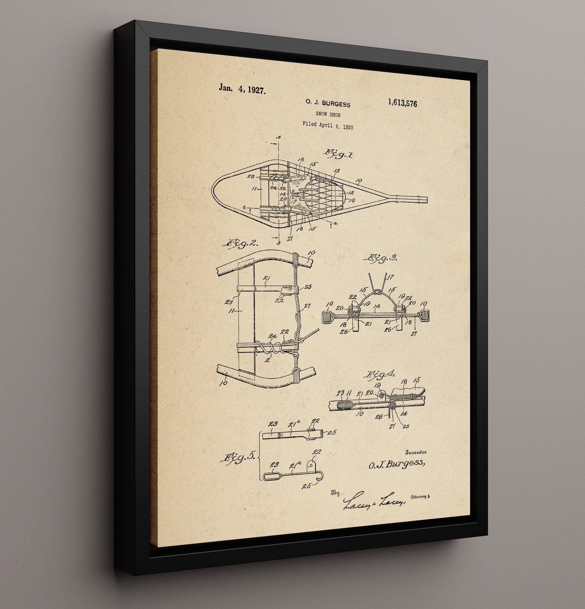 Patent Print - Snow Shoe - O J Burgess - 1927 - Patent 1613576 Patent Wall Art