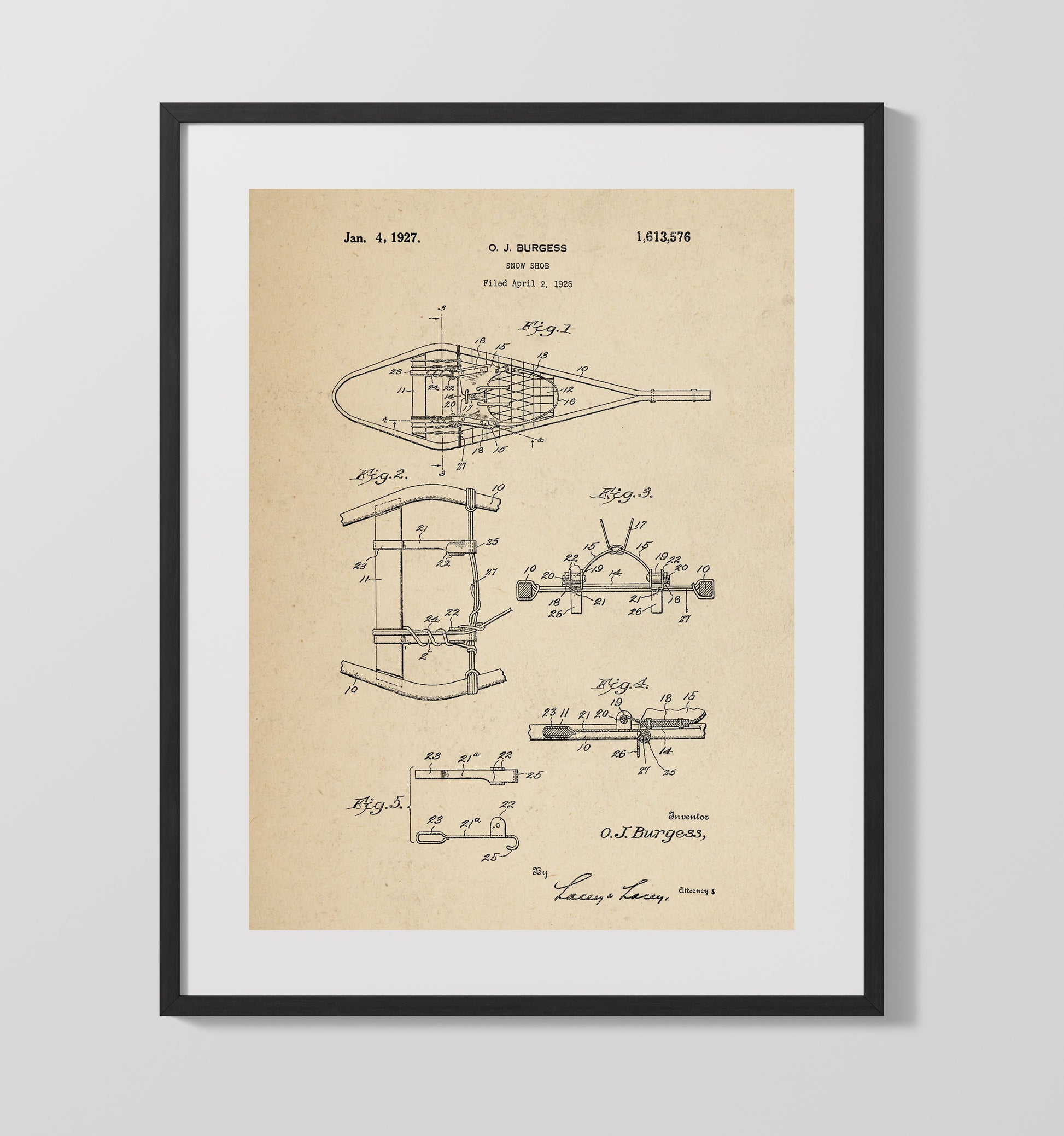 Patent Print - Snow Shoe - O J Burgess - 1927 - Patent 1613576 Patent Wall Art
