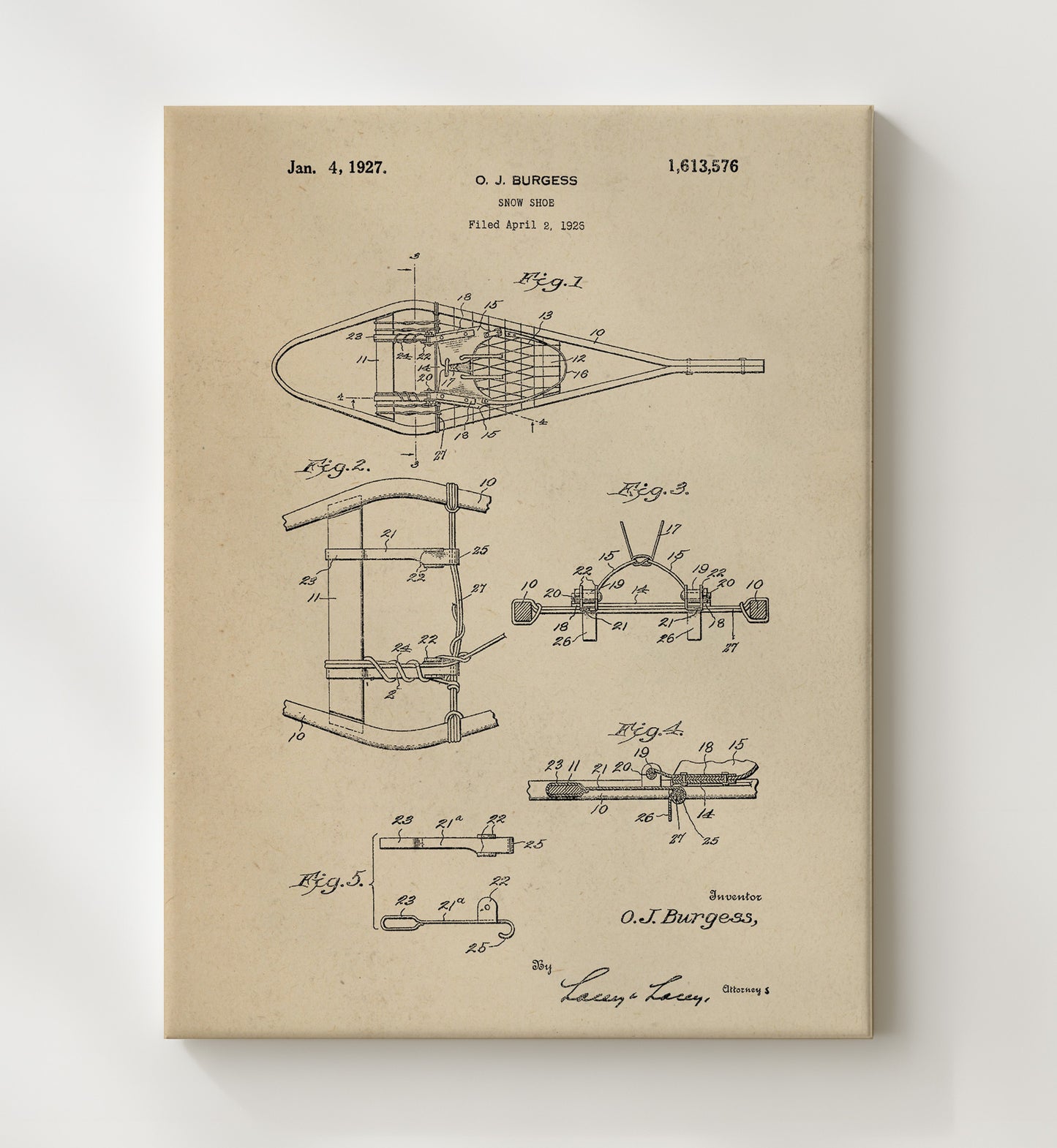 Patent Print - Snow Shoe - O J Burgess - 1927 - Patent 1613576 Patent Wall Art