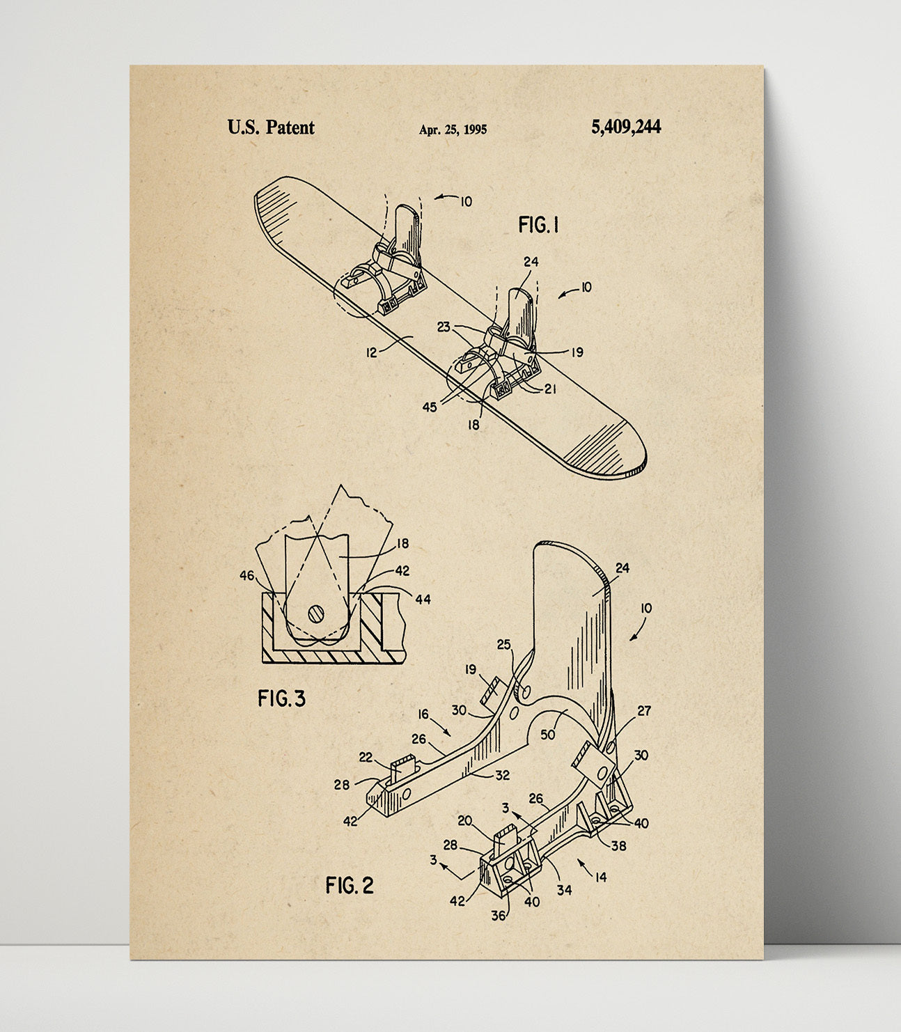 Patent Print - Snowboard Binding - Unknown Inventor - 1995 - Patent 5409244 Patent Wall Art
