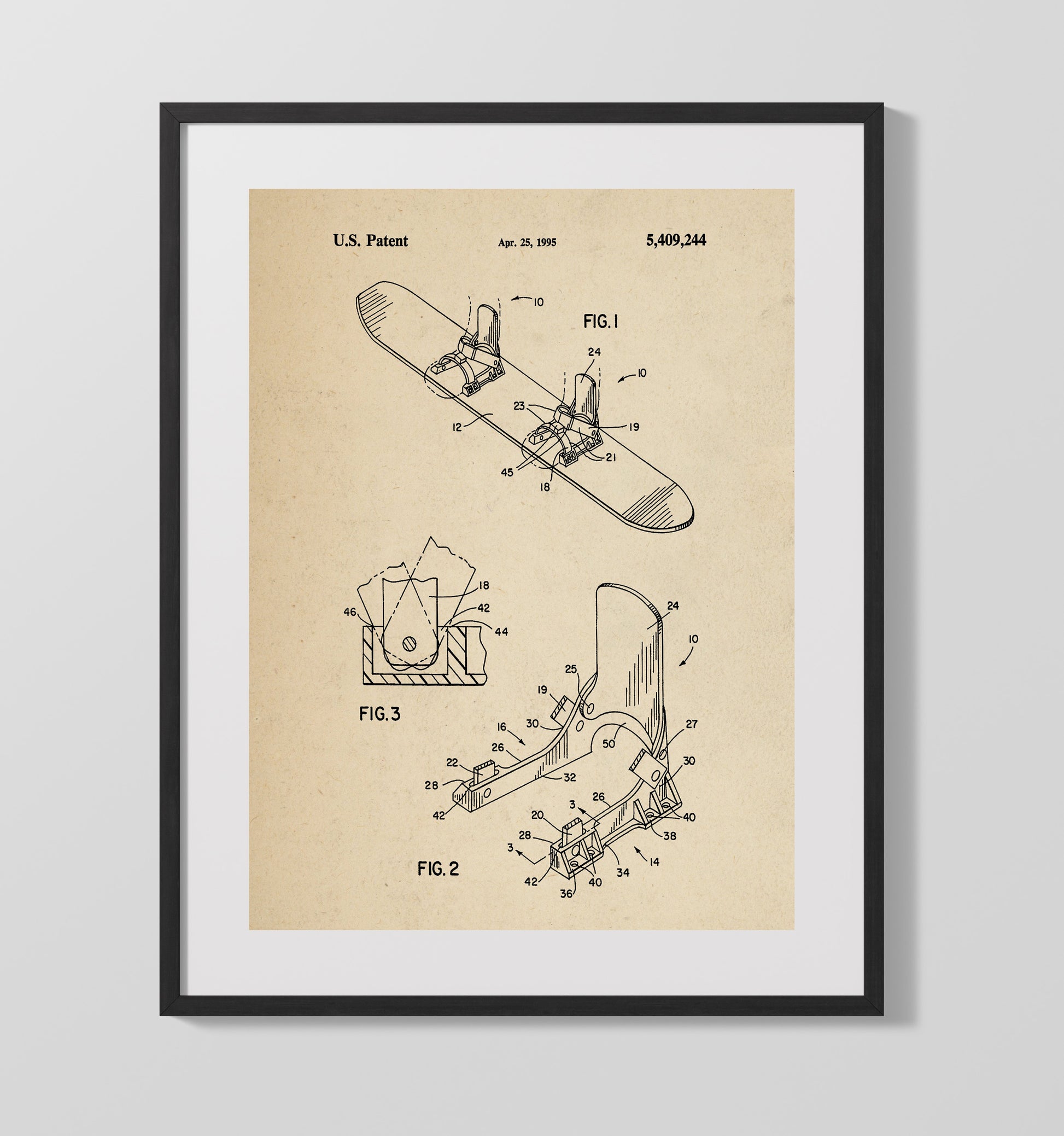 Patent Print - Snowboard Binding - Unknown Inventor - 1995 - Patent 5409244 Patent Wall Art