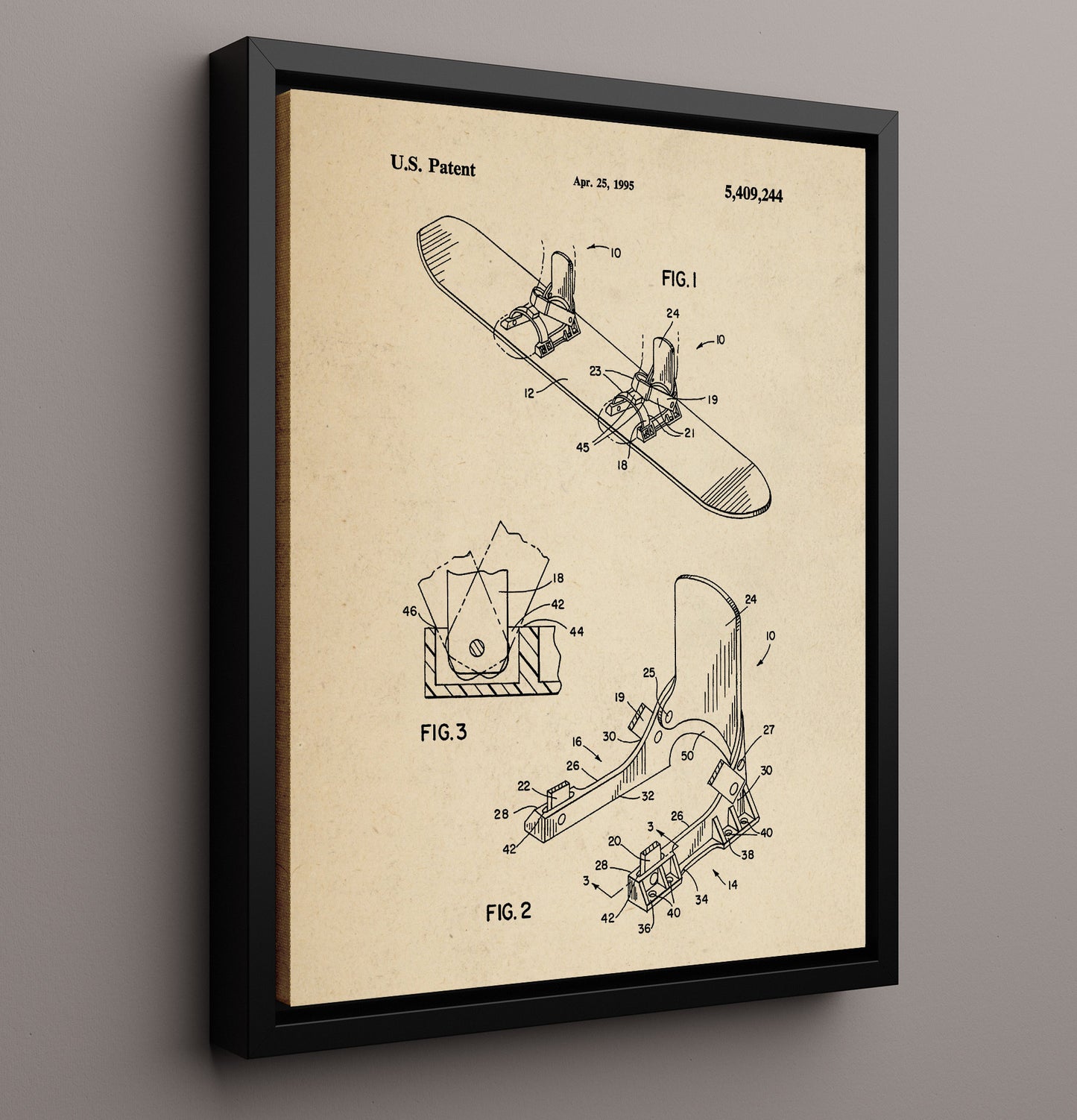 Patent Print - Snowboard Binding - Unknown Inventor - 1995 - Patent 5409244 Patent Wall Art