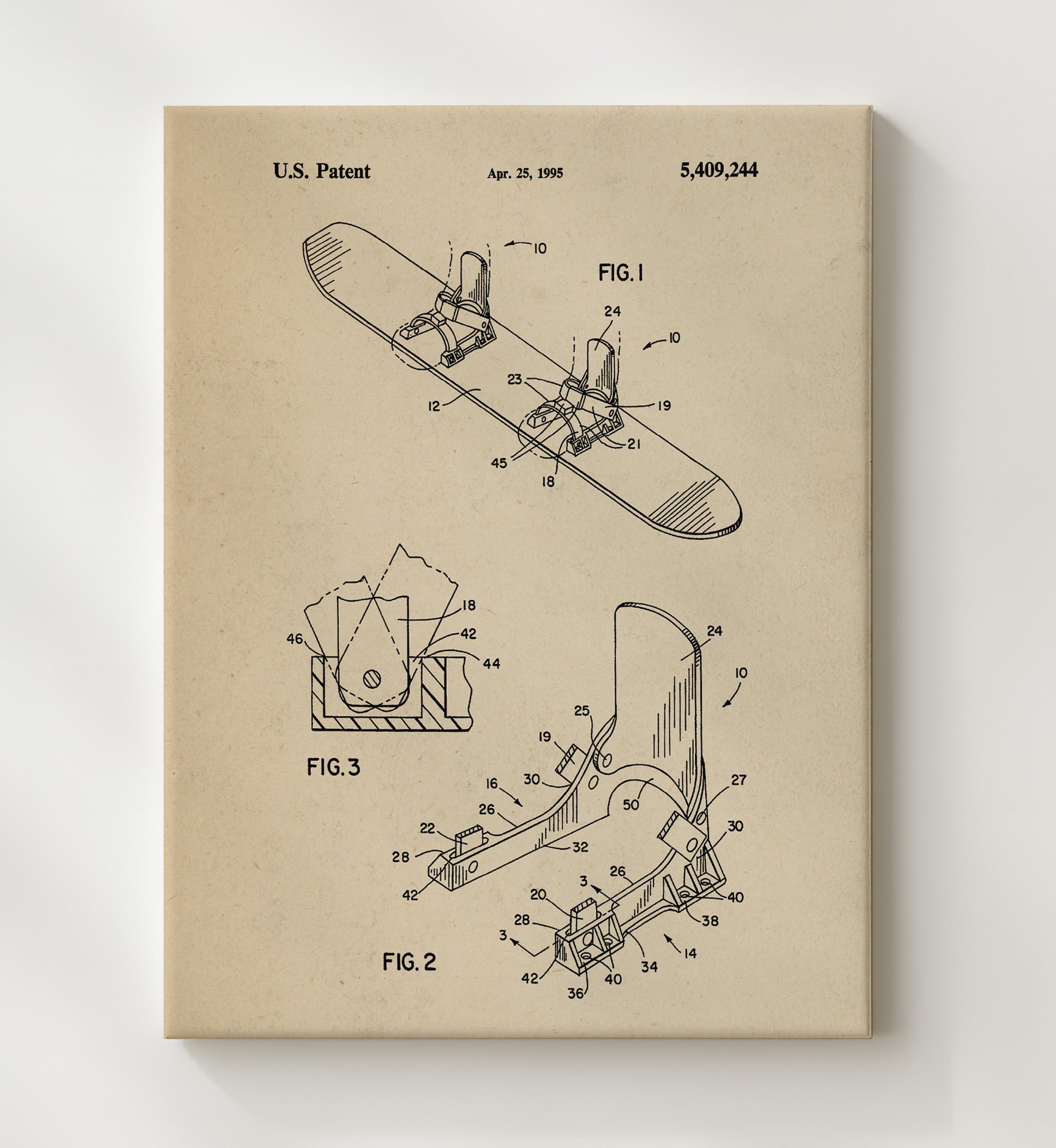 Patent Print - Snowboard Binding - Unknown Inventor - 1995 - Patent 5409244 Patent Wall Art