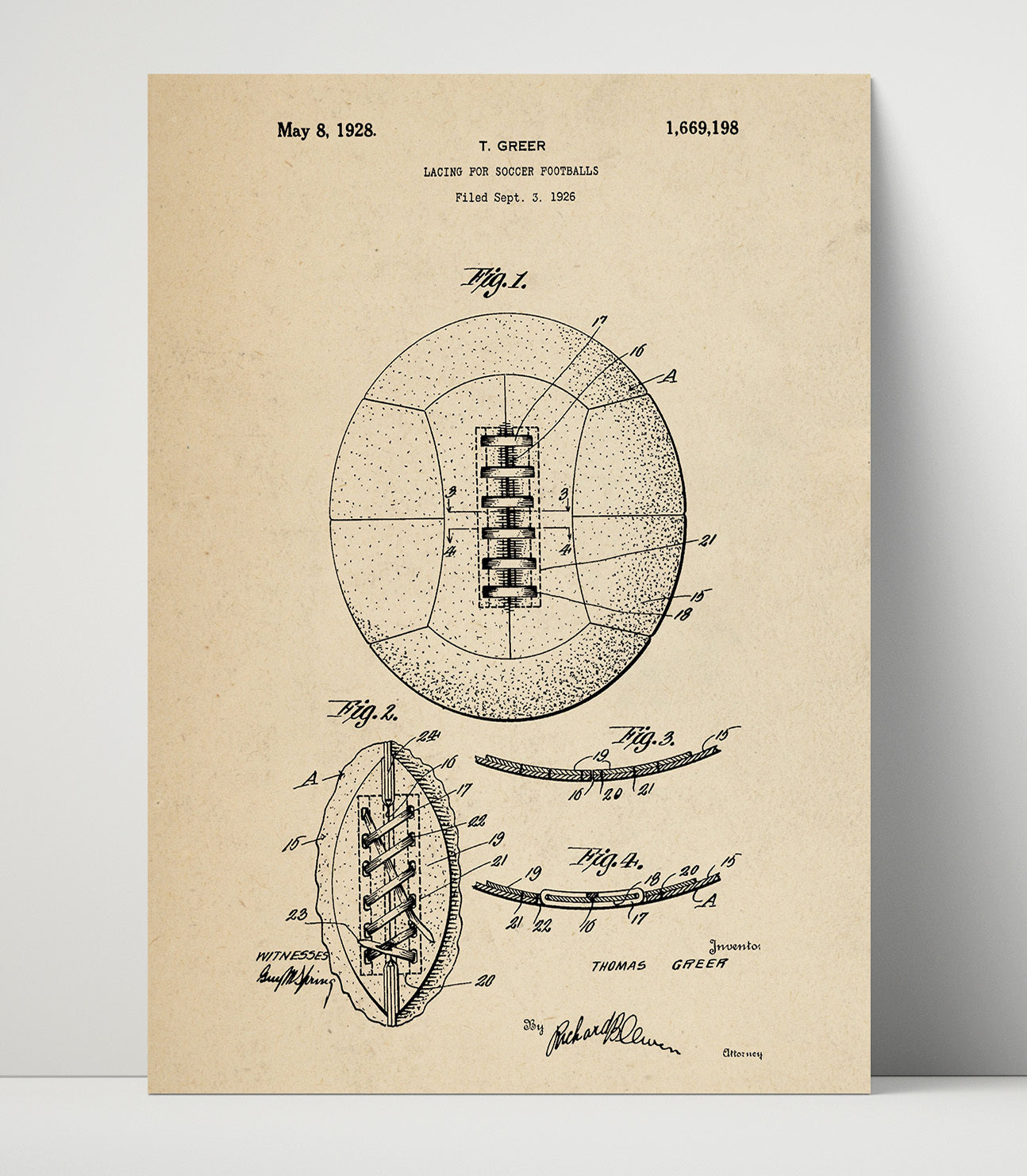 Patent Print - Soccer Ball Lacing - T Greer - 1928 - Patent 1669198 Patent Wall Art