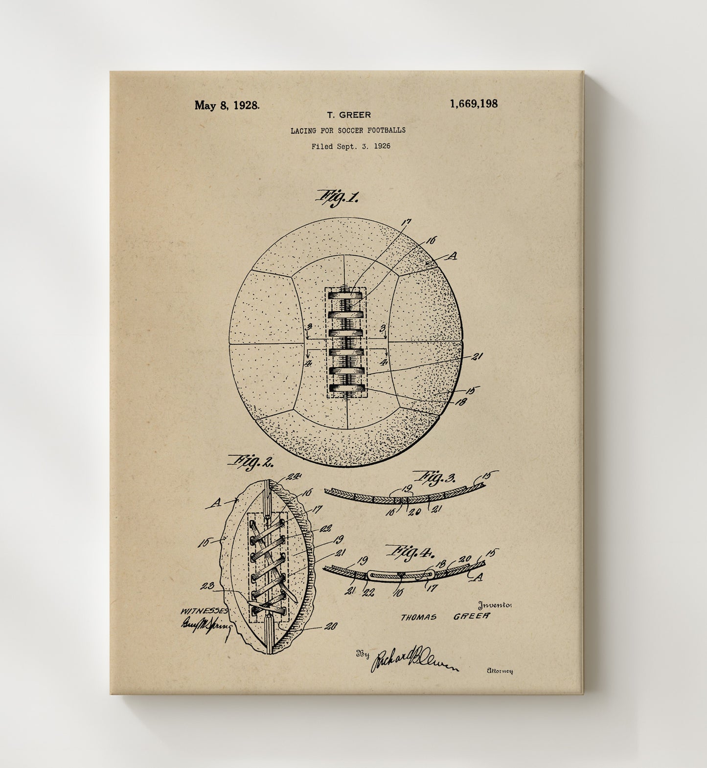 Patent Print - Soccer Ball Lacing - T Greer - 1928 - Patent 1669198 Patent Wall Art
