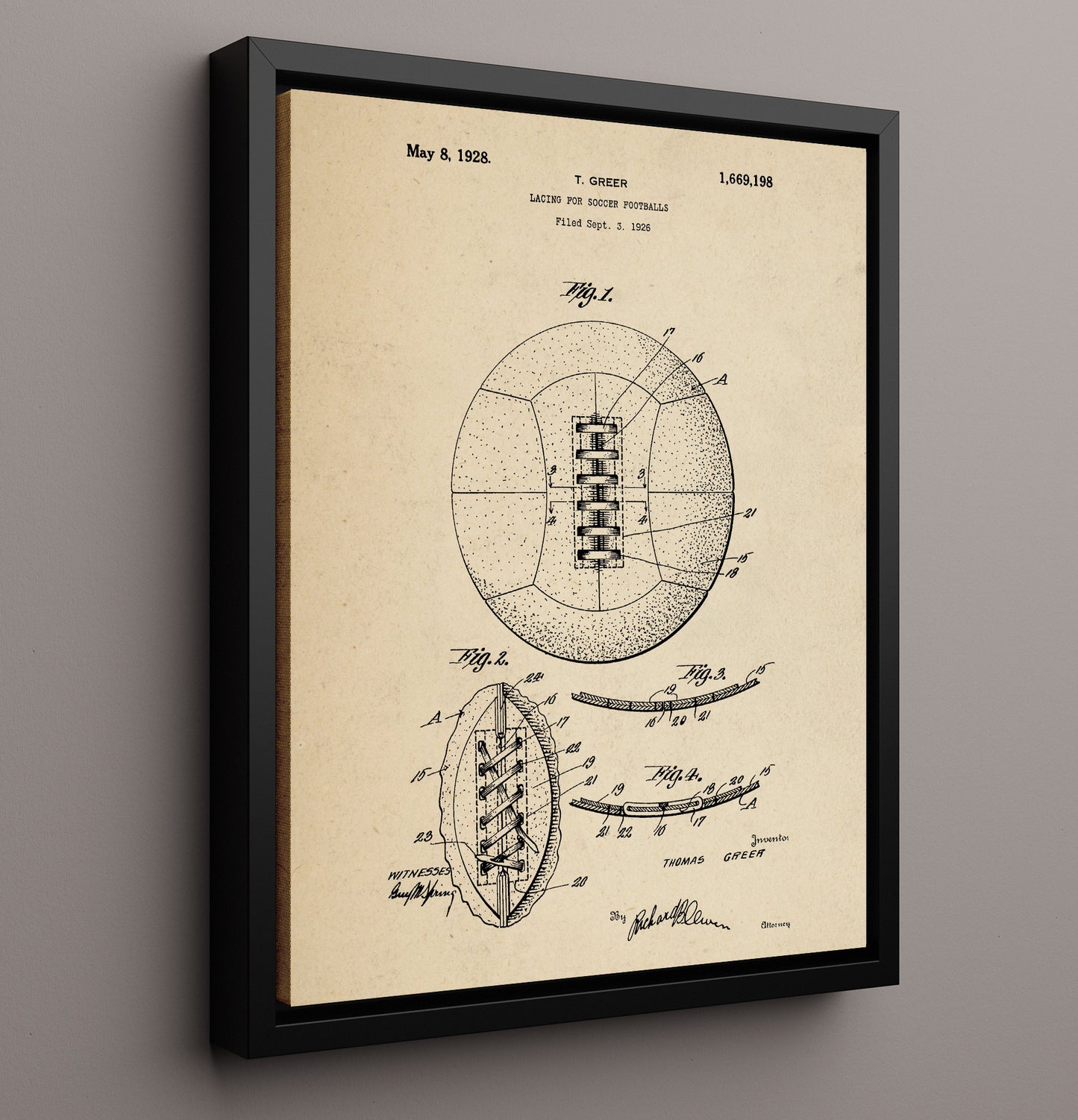 Patent Print - Soccer Ball Lacing - T Greer - 1928 - Patent 1669198 Patent Wall Art
