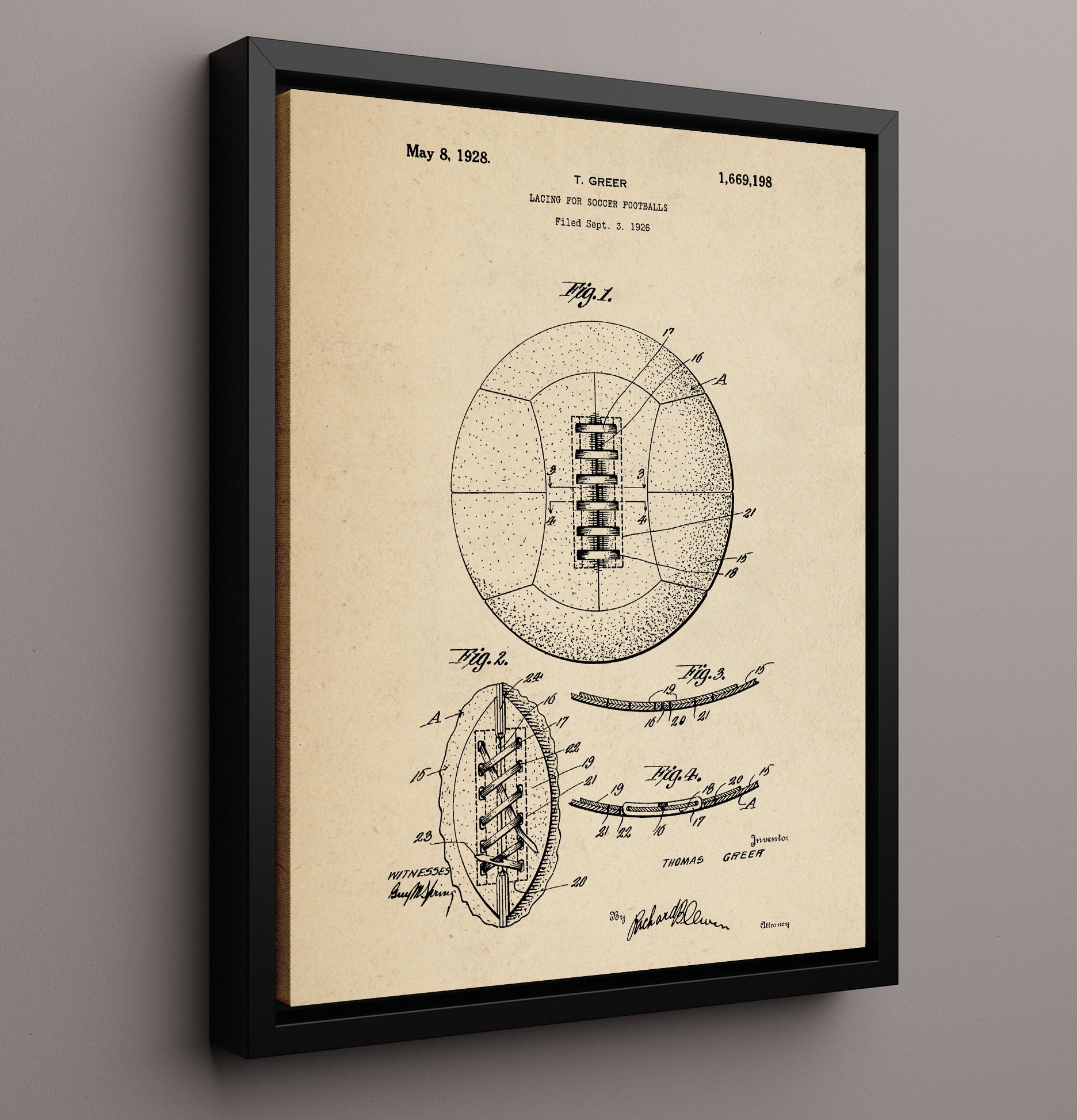 Patent Print - Soccer Ball Lacing - T Greer - 1928 - Patent 1669198 Patent Wall Art