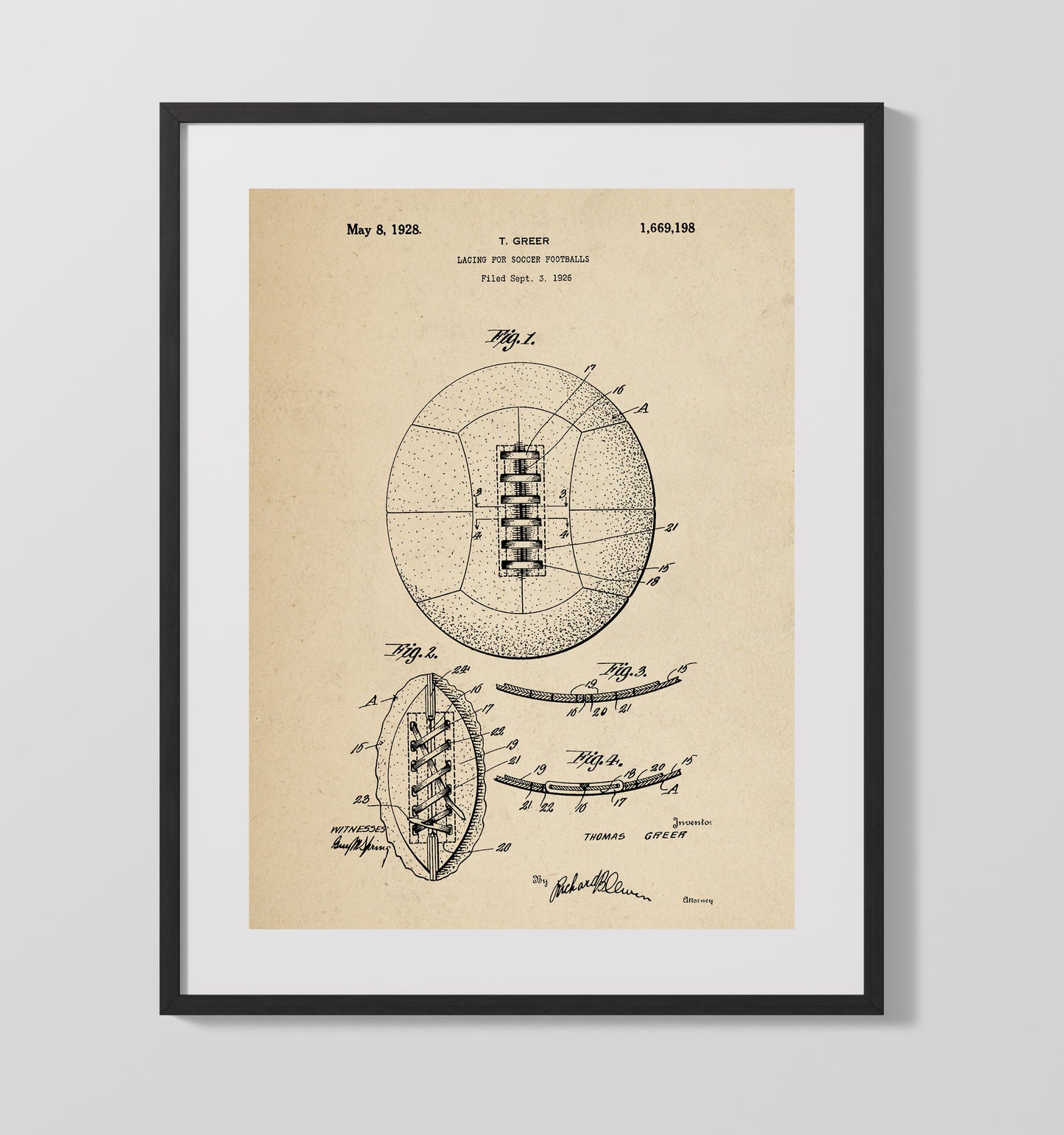 Patent Print - Soccer Ball Lacing - T Greer - 1928 - Patent 1669198 Patent Wall Art
