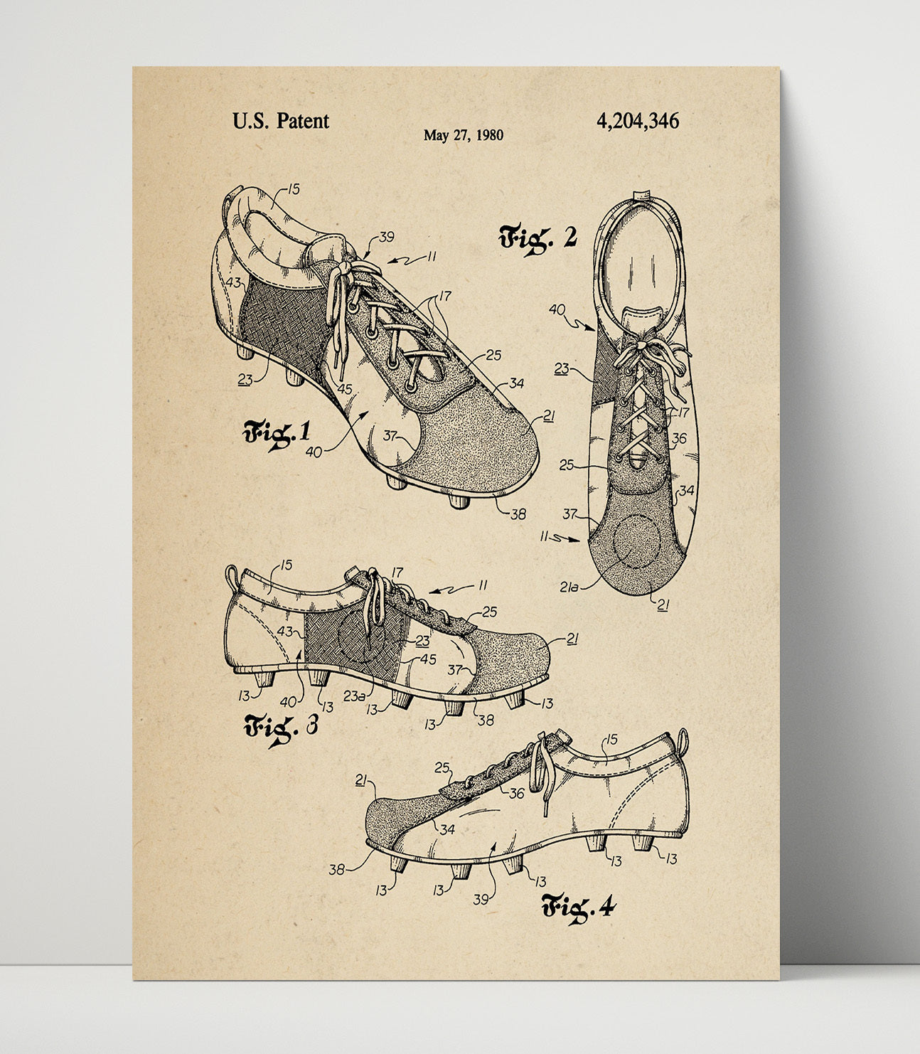 Patent Print - Soccer Cleat - Unknown Inventor - 1980 - Patent 4204346 Patent Wall Art