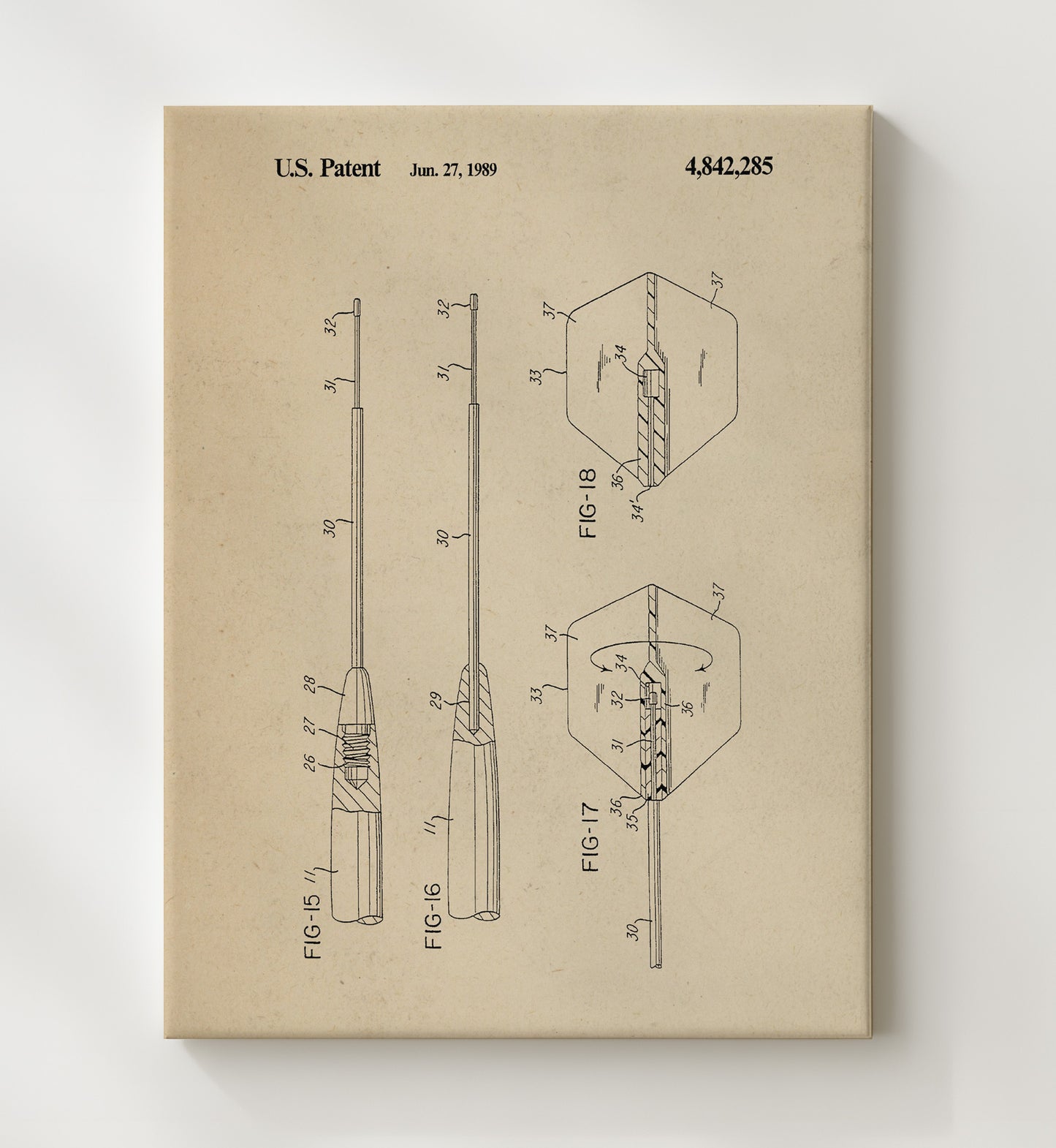 Patent Print - Soft Tip Dart Assembly - Unknown Inventor - 1989 - Patent 4842285 Patent Wall Art