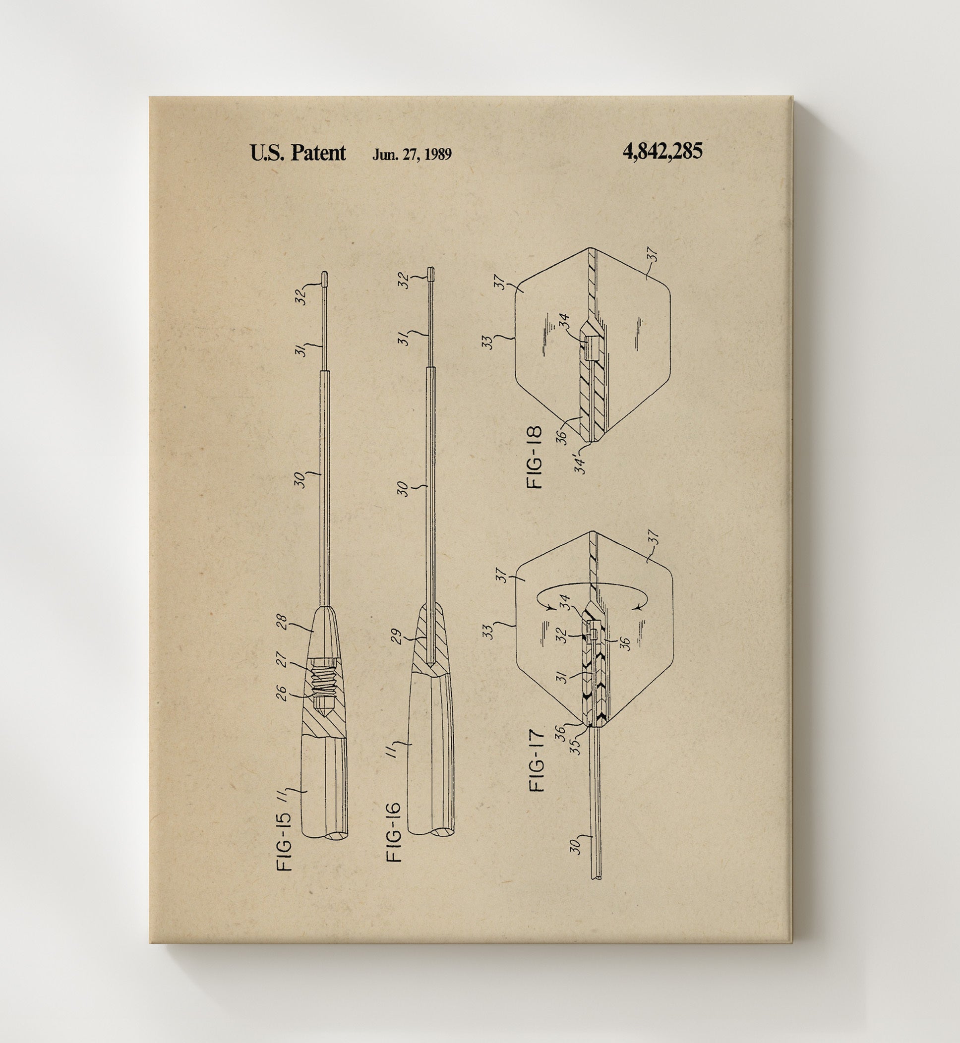 Patent Print - Soft Tip Dart Assembly - Unknown Inventor - 1989 - Patent 4842285 Patent Wall Art