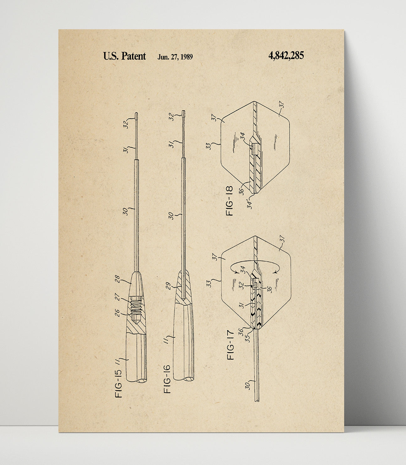 Patent Print - Soft Tip Dart Assembly - Unknown Inventor - 1989 - Patent 4842285 Patent Wall Art