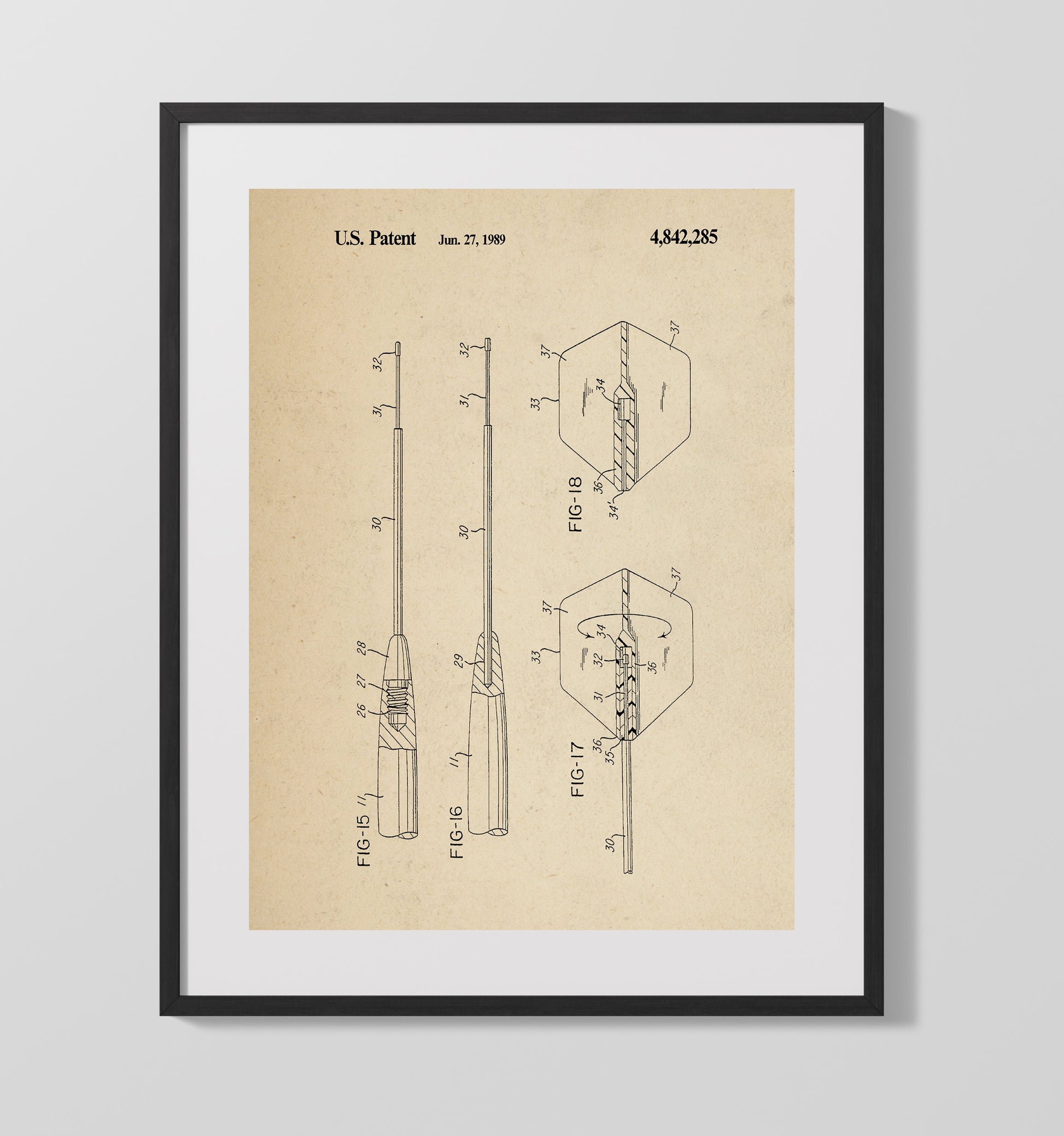 Patent Print - Soft Tip Dart Assembly - Unknown Inventor - 1989 - Patent 4842285 Patent Wall Art