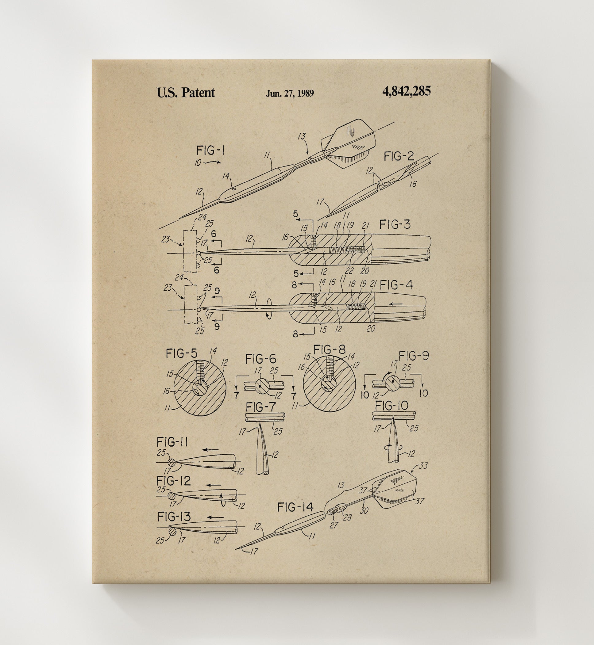 Patent Print - Soft Tip Dart Assembly Detailed Diagram - Unknown Inventor - 1989 - Patent 4842285 Patent Wall Art