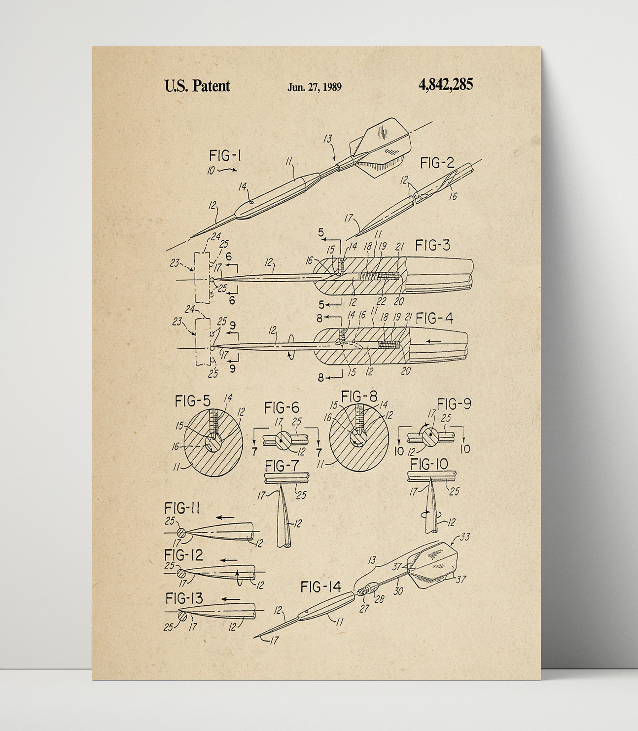 Patent Print - Soft Tip Dart Assembly Detailed Diagram - Unknown Inventor - 1989 - Patent 4842285 Patent Wall Art