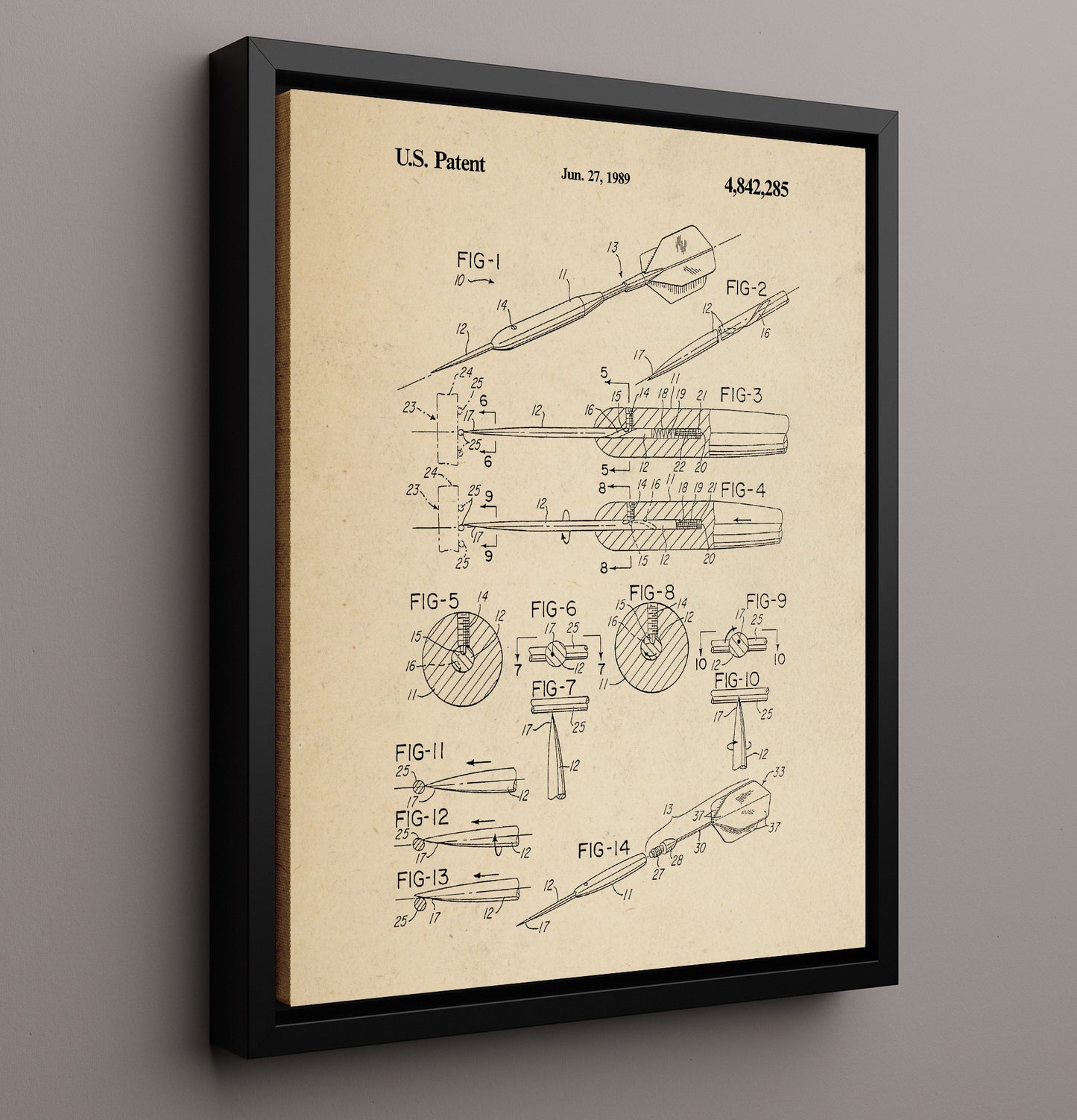 Patent Print - Soft Tip Dart Assembly Detailed Diagram - Unknown Inventor - 1989 - Patent 4842285 Patent Wall Art