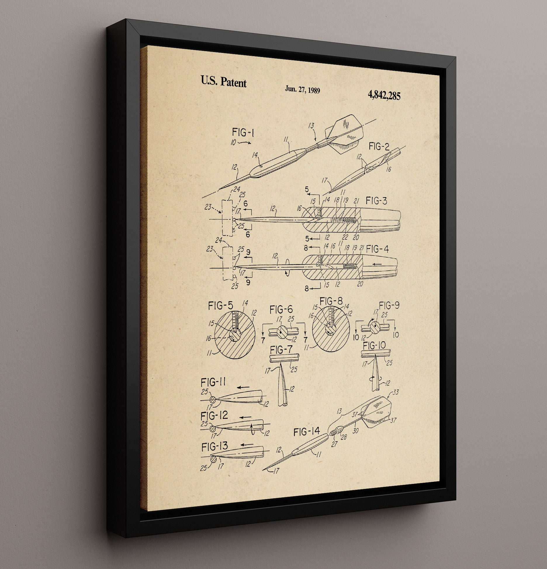 Patent Print - Soft Tip Dart Assembly Detailed Diagram - Unknown Inventor - 1989 - Patent 4842285 Patent Wall Art