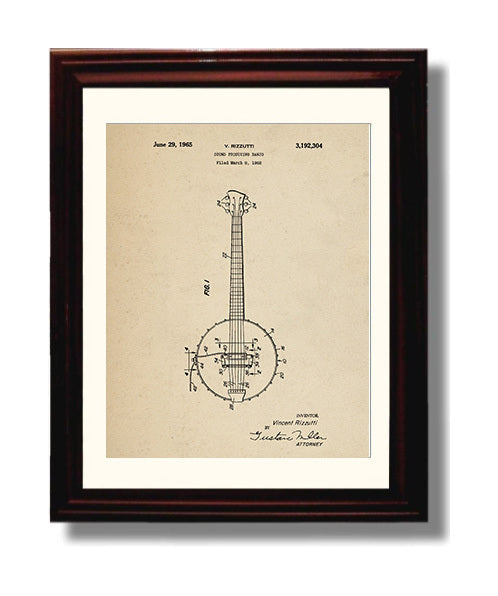 Patent Print - Sound Producing Banjo - Vincent Rizzutti - 1965 - Patent 3192304 Patent Wall Art