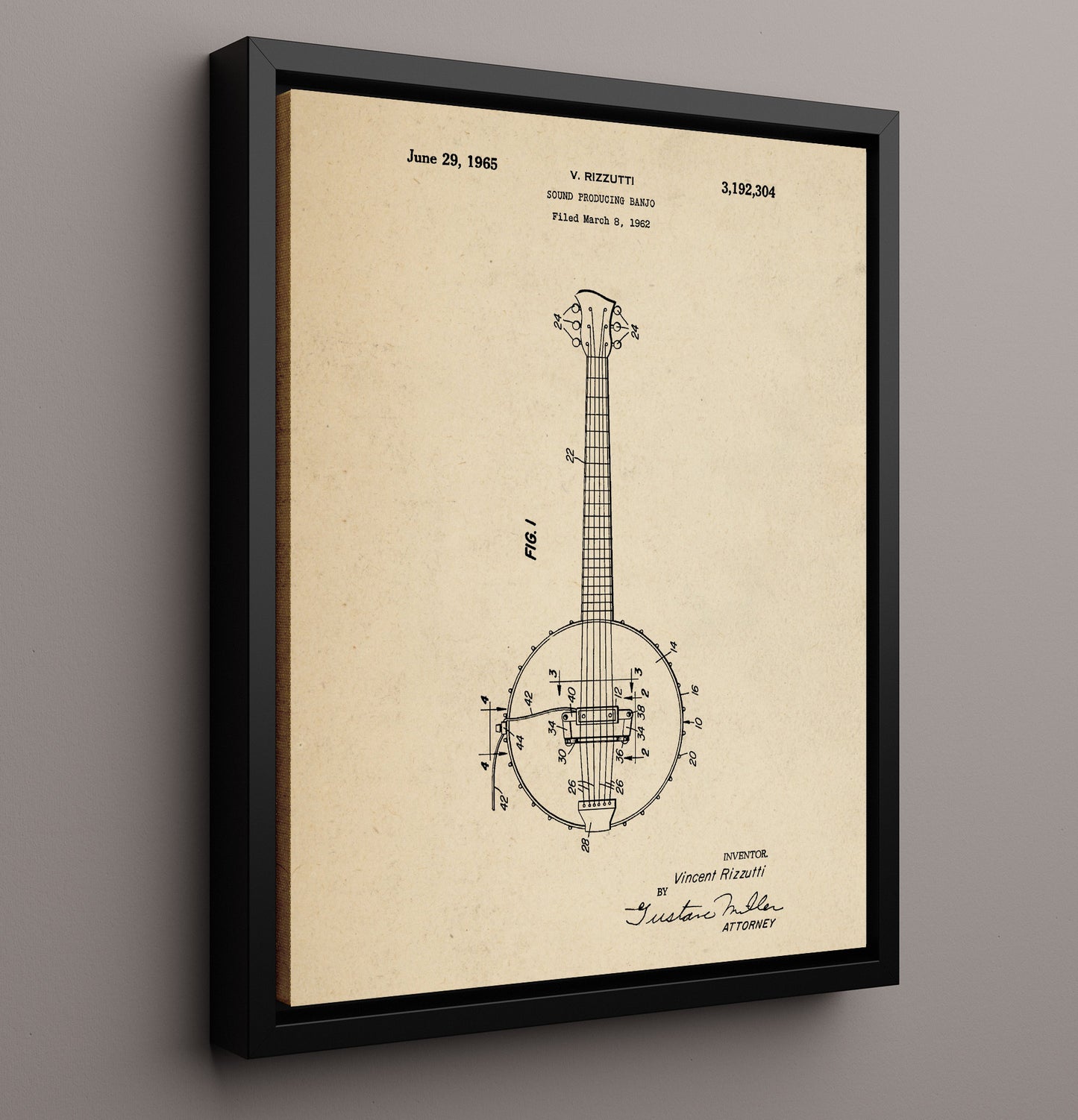 Patent Print - Sound Producing Banjo - Vincent Rizzutti - 1965 - Patent 3192304 Patent Wall Art