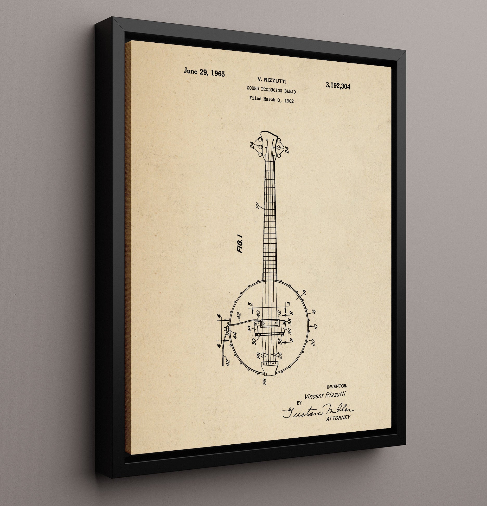Patent Print - Sound Producing Banjo - Vincent Rizzutti - 1965 - Patent 3192304 Patent Wall Art