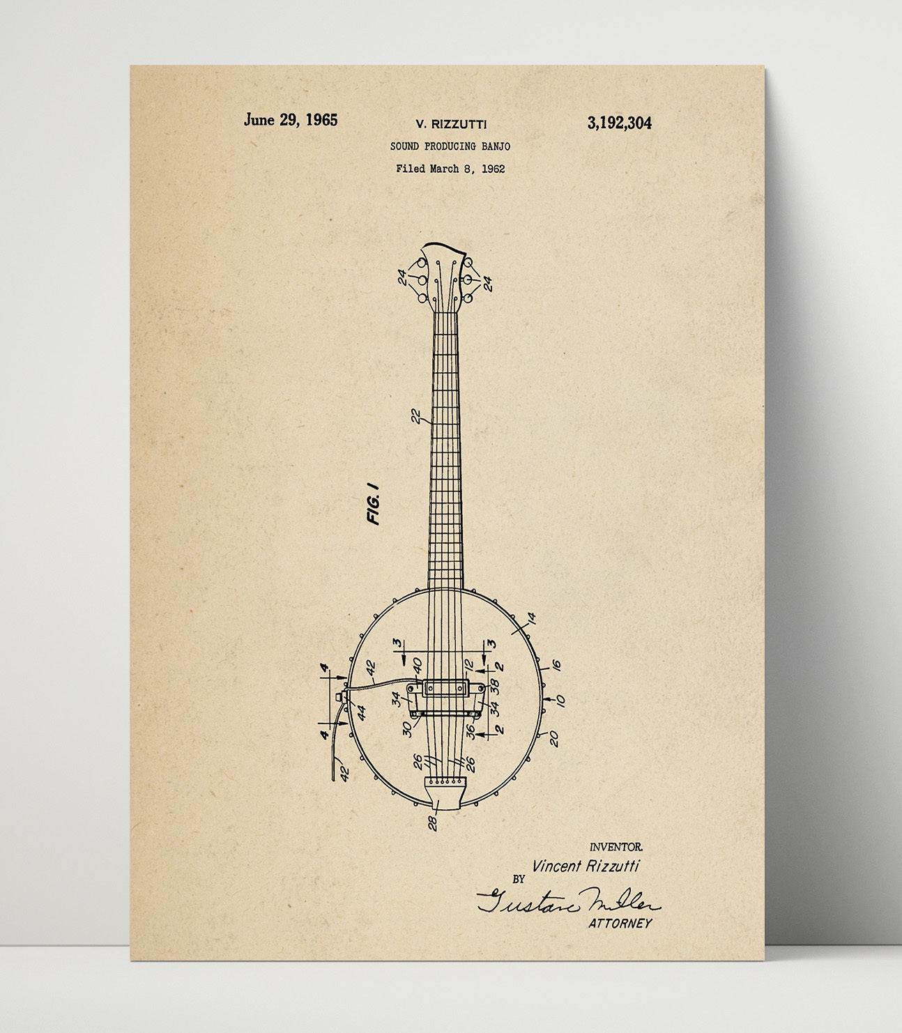 Patent Print - Sound Producing Banjo - Vincent Rizzutti - 1965 - Patent 3192304 Patent Wall Art